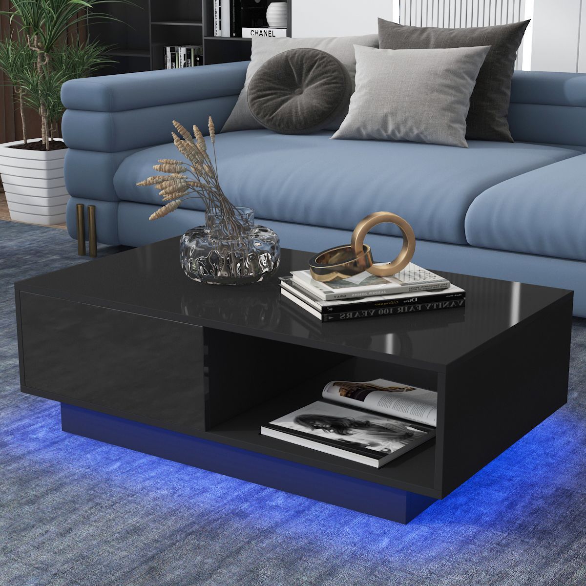 Modern High Gloss Coffee Table With Drawers, Led Sofa Side End Desk Within Rectangular Led Coffee Tables (Gallery 17 of 20)
