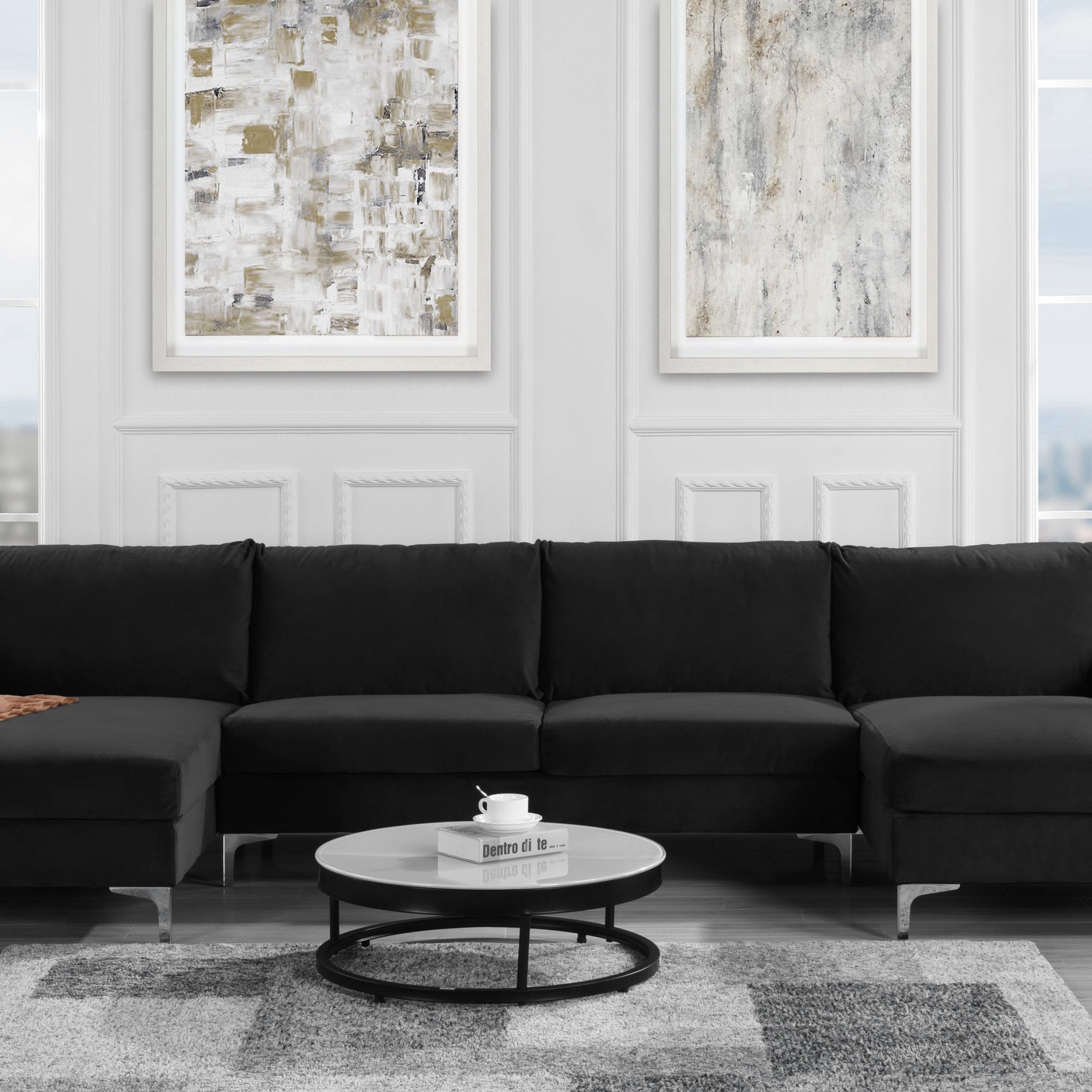 Modern Large Velvet Fabric U Shape Sectional Sofa, Double Extra Wide Pertaining To Sofas In Black (Gallery 5 of 20)