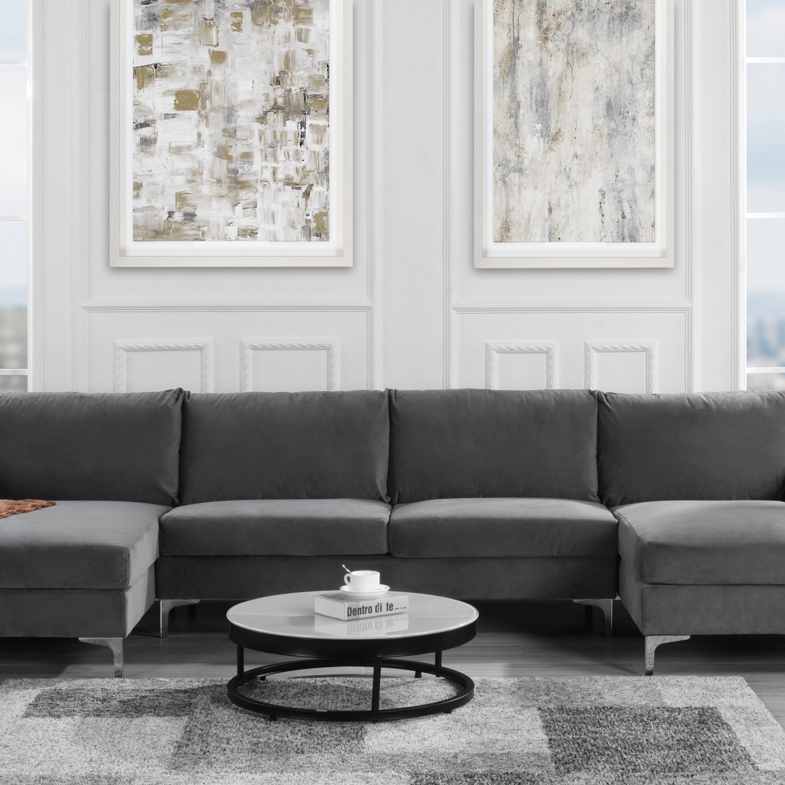 Modern Large Velvet Fabric U Shape Sectional Sofa, Double Extra Wide Within Modern U Shape Sectional Sofas In Gray (Gallery 1 of 20)