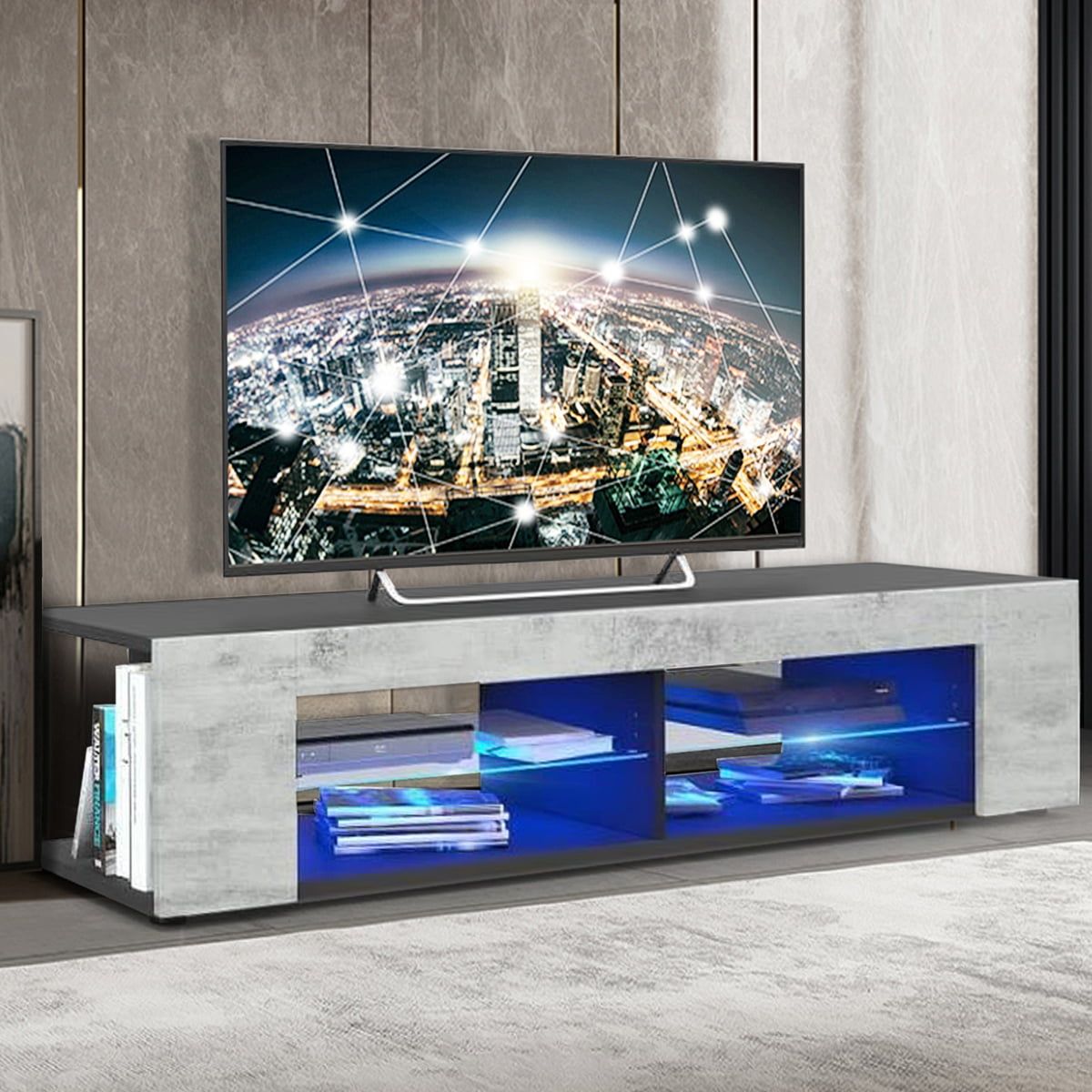 Modern Led Tv Stand Tv Cabinet For Tvs Up To 65", With Side Bookshelf Pertaining To Rgb Tv Entertainment Centers (Gallery 15 of 20)