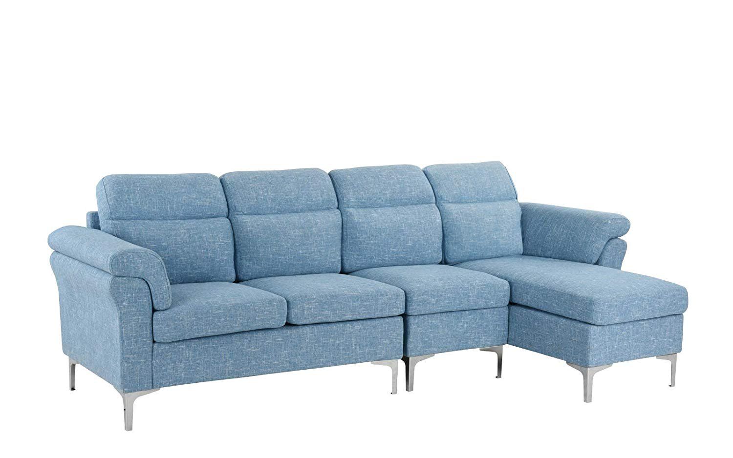 Modern Linen Fabric Large Sectional Sofa, L Shape Couch 4 Seater, Light Regarding Modern Blue Linen Sofas (Gallery 7 of 20)