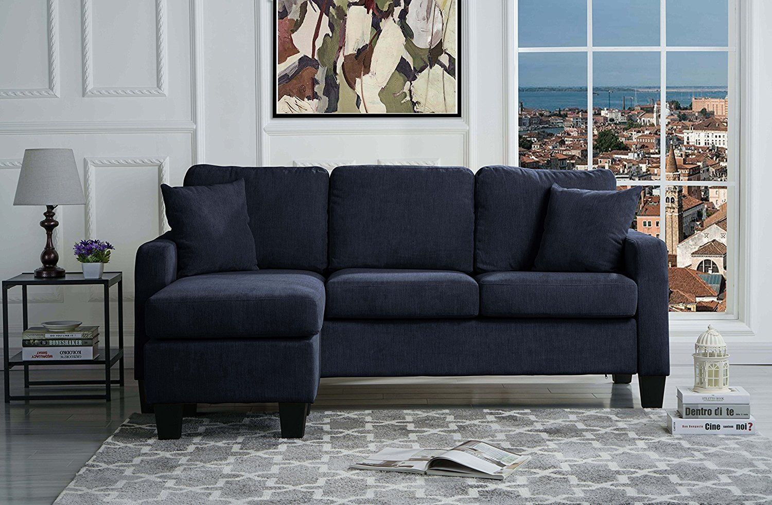 Modern Linen Fabric Sectional Sofa – Small Space Configurable (navy With Navy Linen Coil Sofas (View 11 of 20)