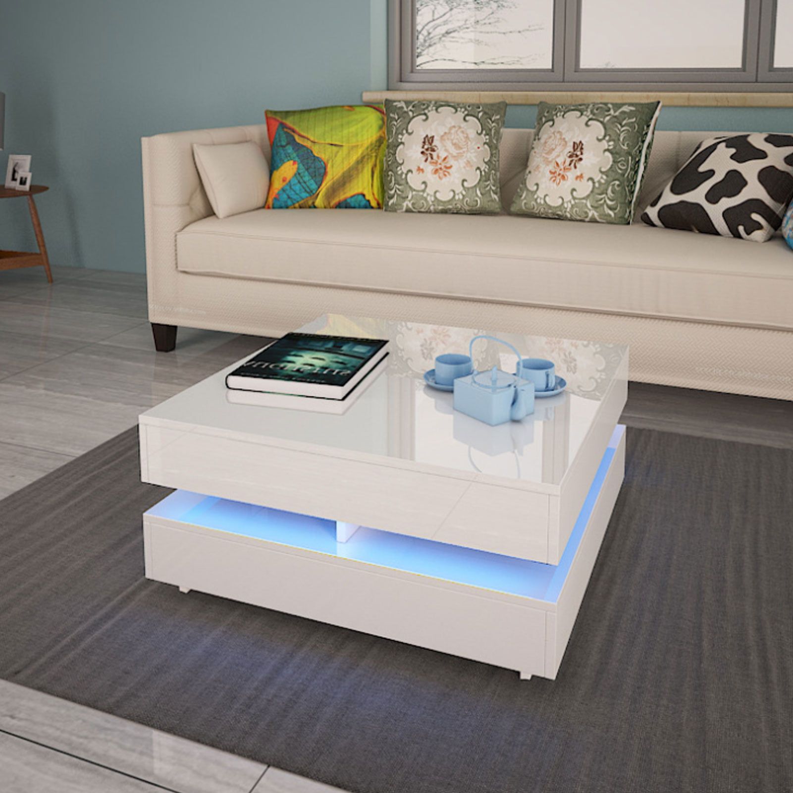 Modern Modern Glossy White Coffee Table W/ Led Lighting, 2 Tier Inside Coffee Tables With Led Lights (View 6 of 20)