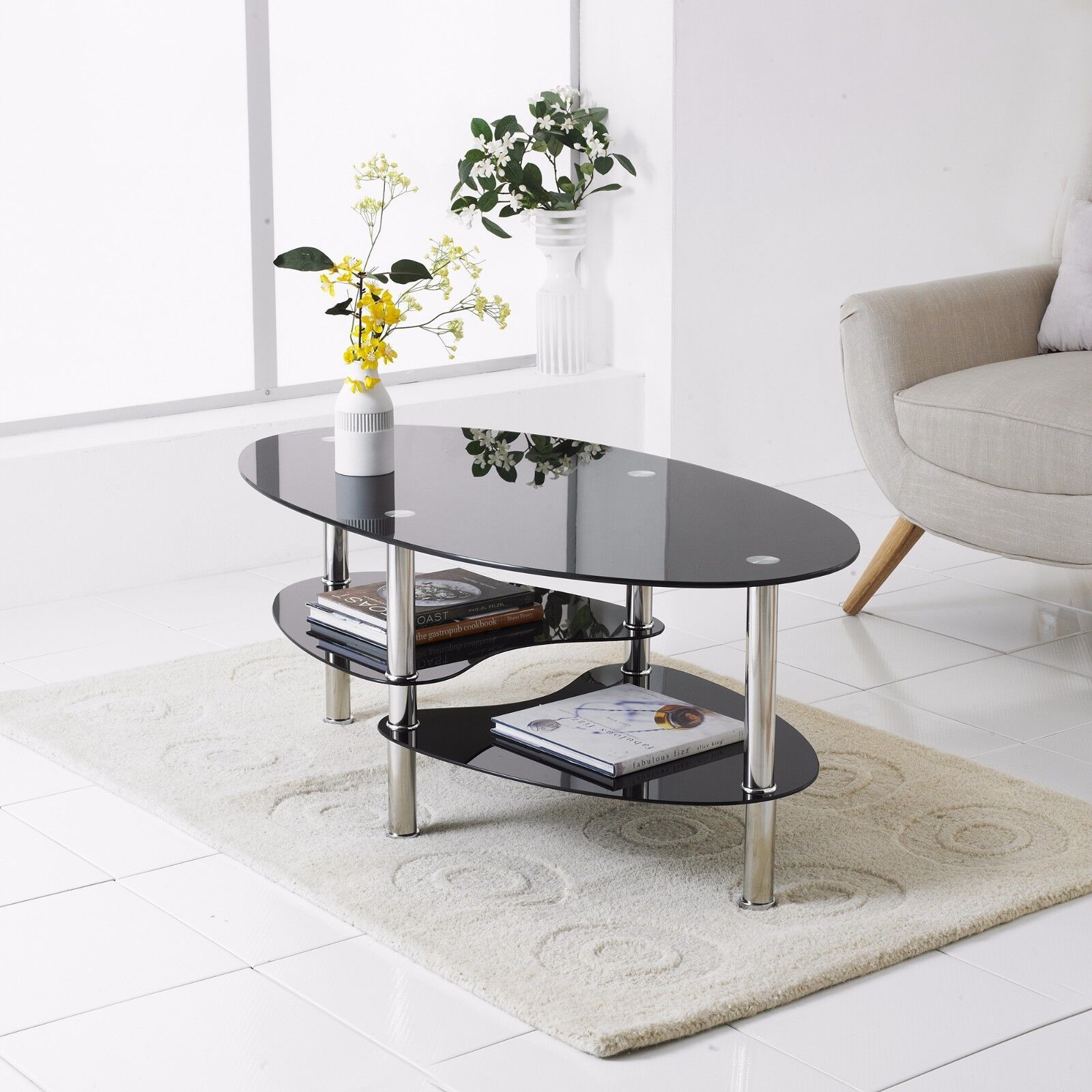 Modern Rectangle Oval Glass & Chrome Living Room Coffee Table With With Glass Coffee Tables With Lower Shelves (View 3 of 20)