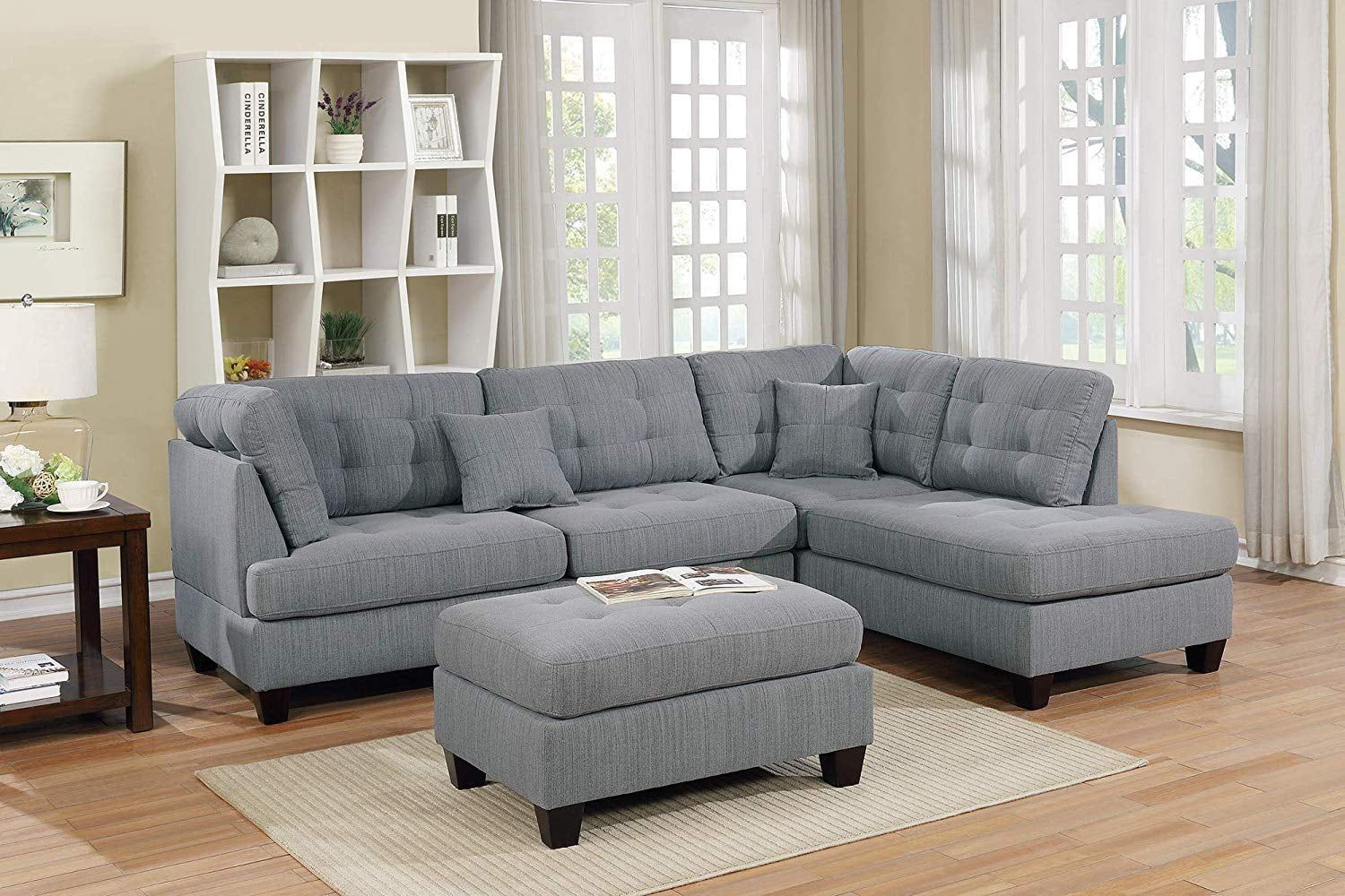 Modern Reversible Grey Linen Like Fabric Sectional Sofa Set With Tufted Regarding Gray Linen Sofas (View 14 of 20)
