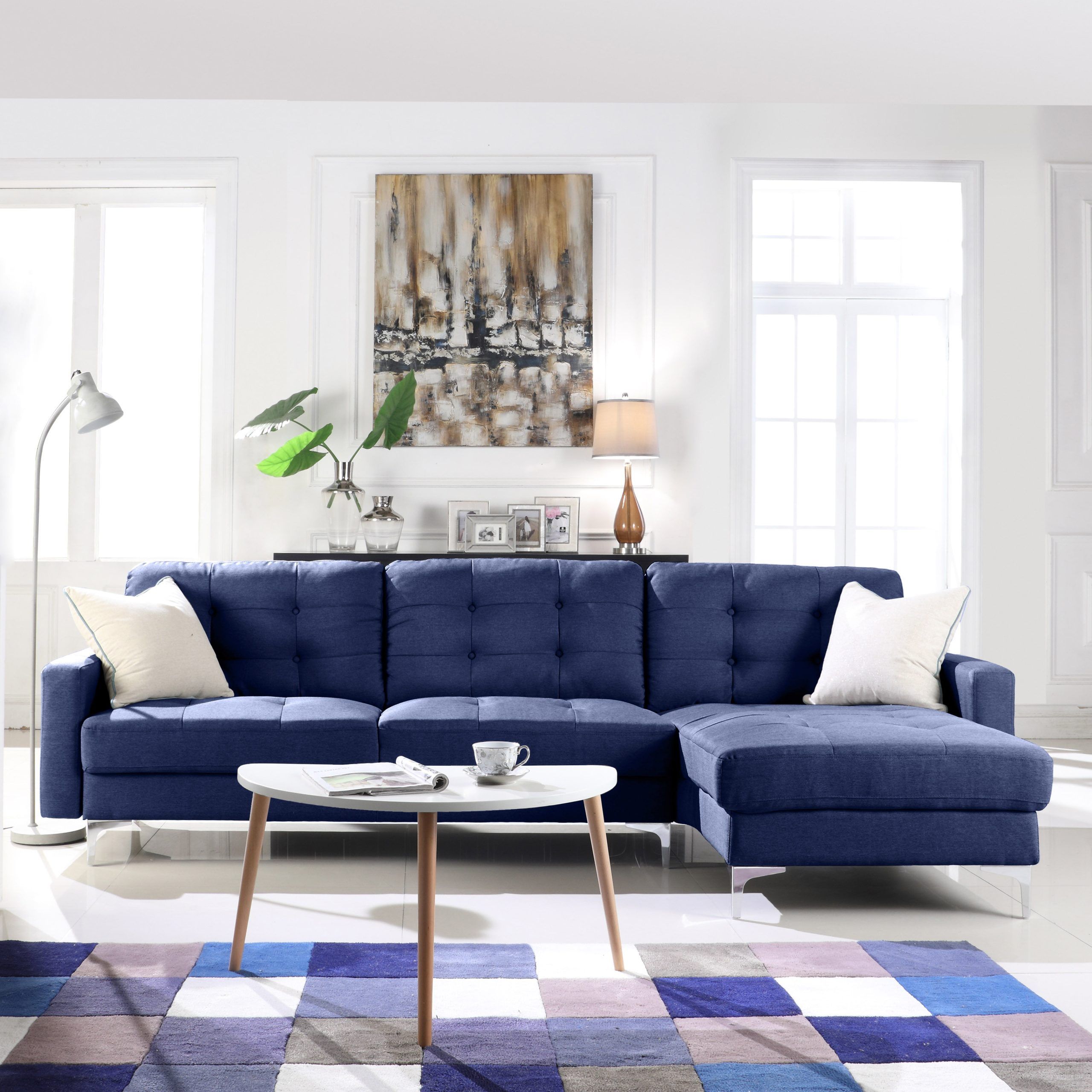 Modern Sectional Sofa With Wide Chaise Lounge, Blue – Walmart Intended For Modern Blue Linen Sofas (View 14 of 20)
