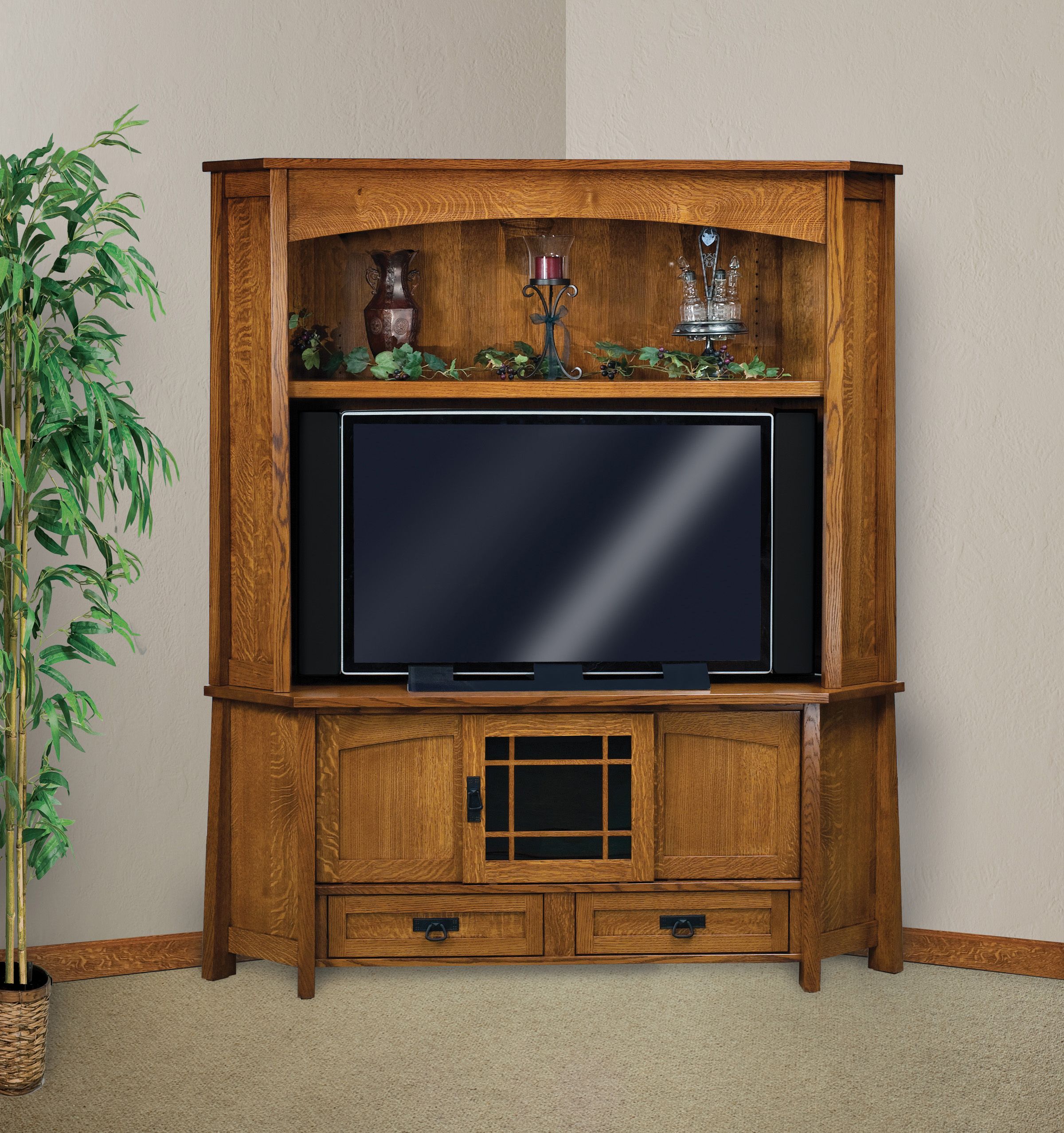 Modesto Corner Tv Hutch | Amish Solid Wood Tv Stands | Kvadro Furniture Inside 110" Tvs Wood Tv Cabinet With Drawers (Gallery 6 of 20)