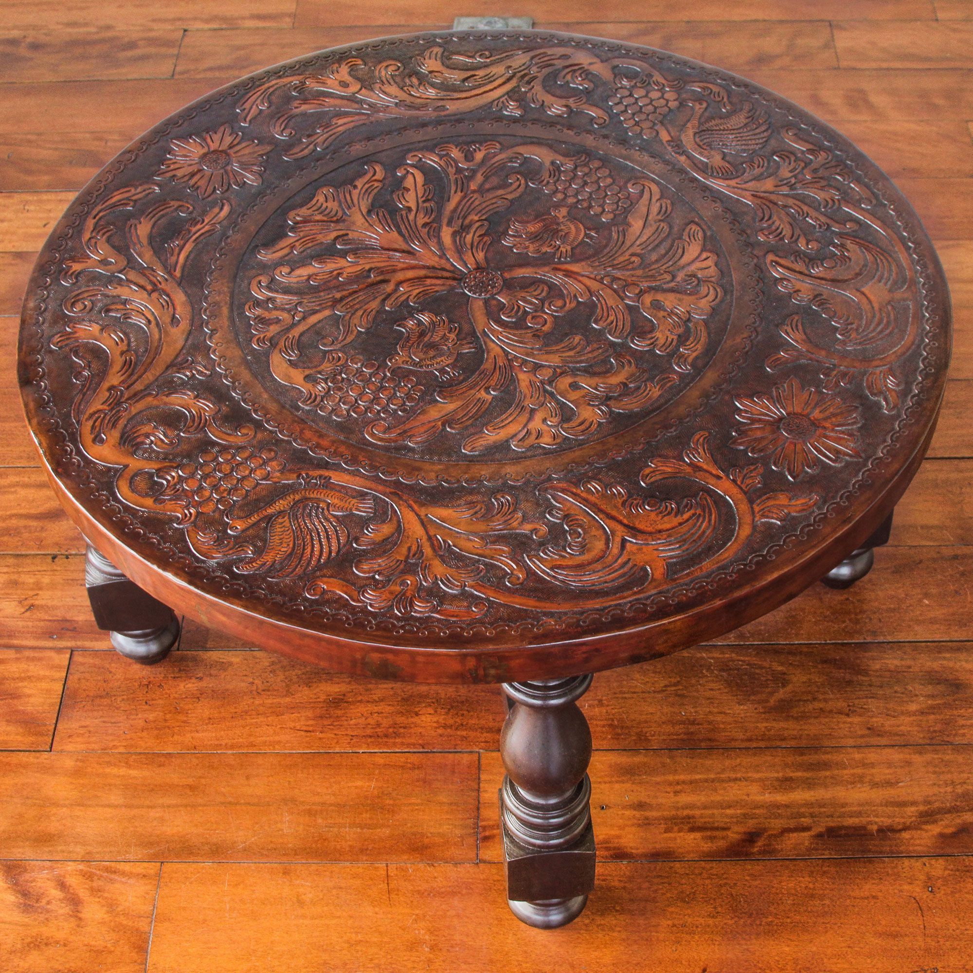 Mohena Wood And Leather Circular Coffee Table, 'vineyard Birds In Pemberly Row Replicated Wood Coffee Tables (Gallery 20 of 20)