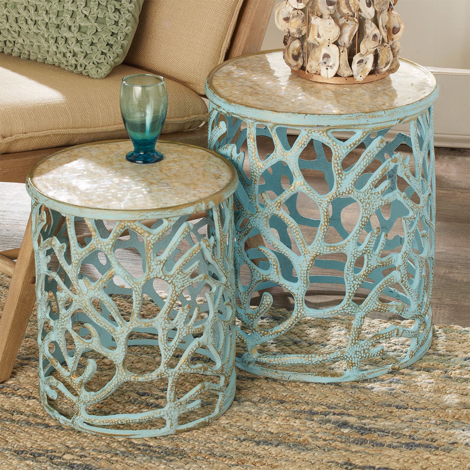 Mother Of Pearl Coral Accent Tables Mother Of Pear Weathered Blue With Gray Coastal Cocktail Tables (View 21 of 22)