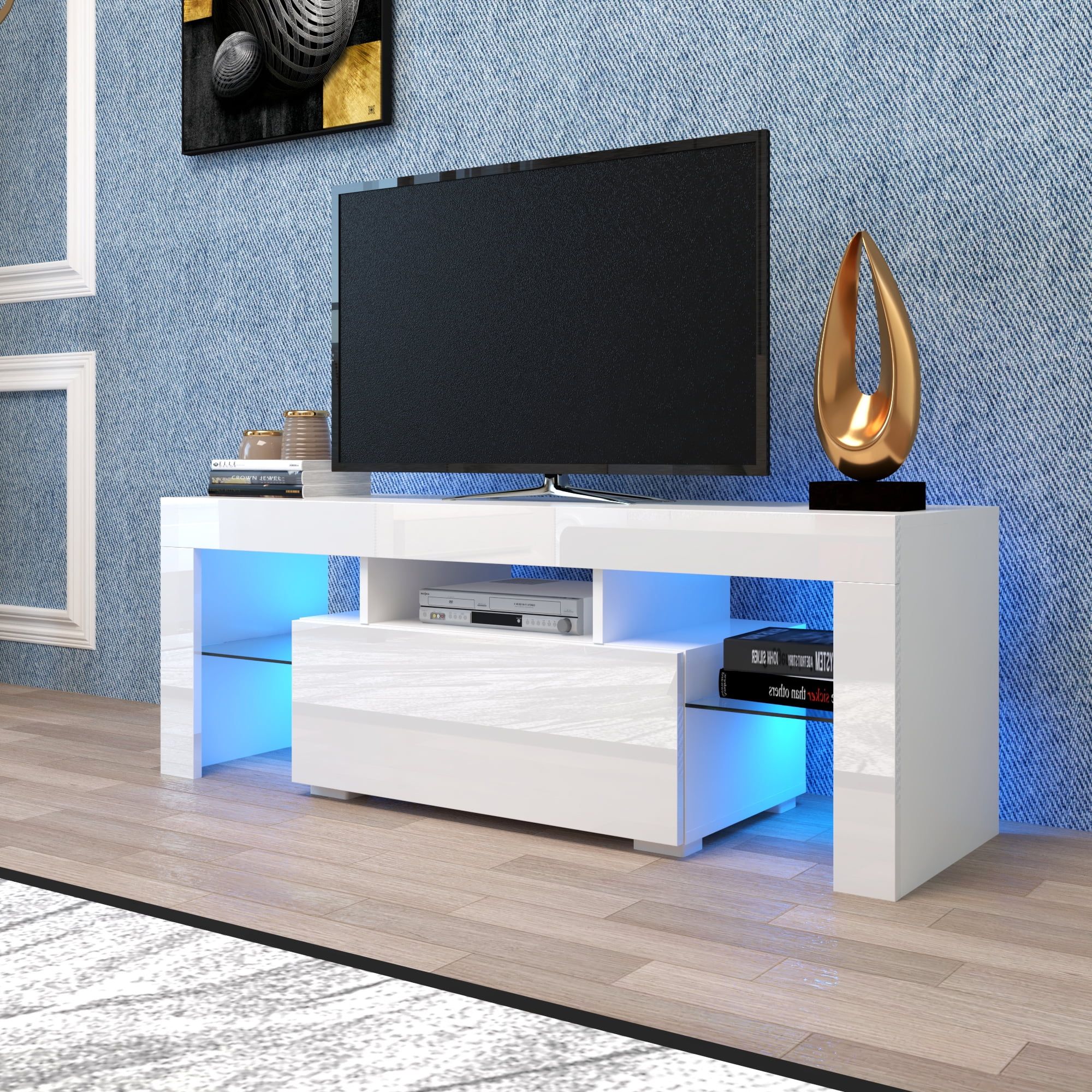 Nestfair White Tv Stand With Led Lights For Tvs Up To 55 Inches For Tv Stands With Led Lights & Power Outlet (View 15 of 20)