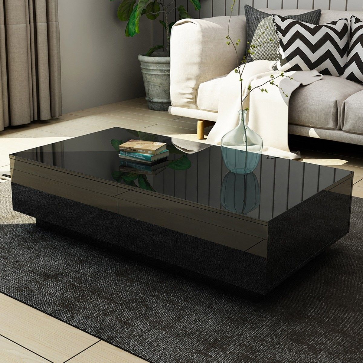 New 4 Drawer Coffee Table Wood Living Room Furniture High Gloss Black For High Gloss Black Coffee Tables (Gallery 17 of 20)