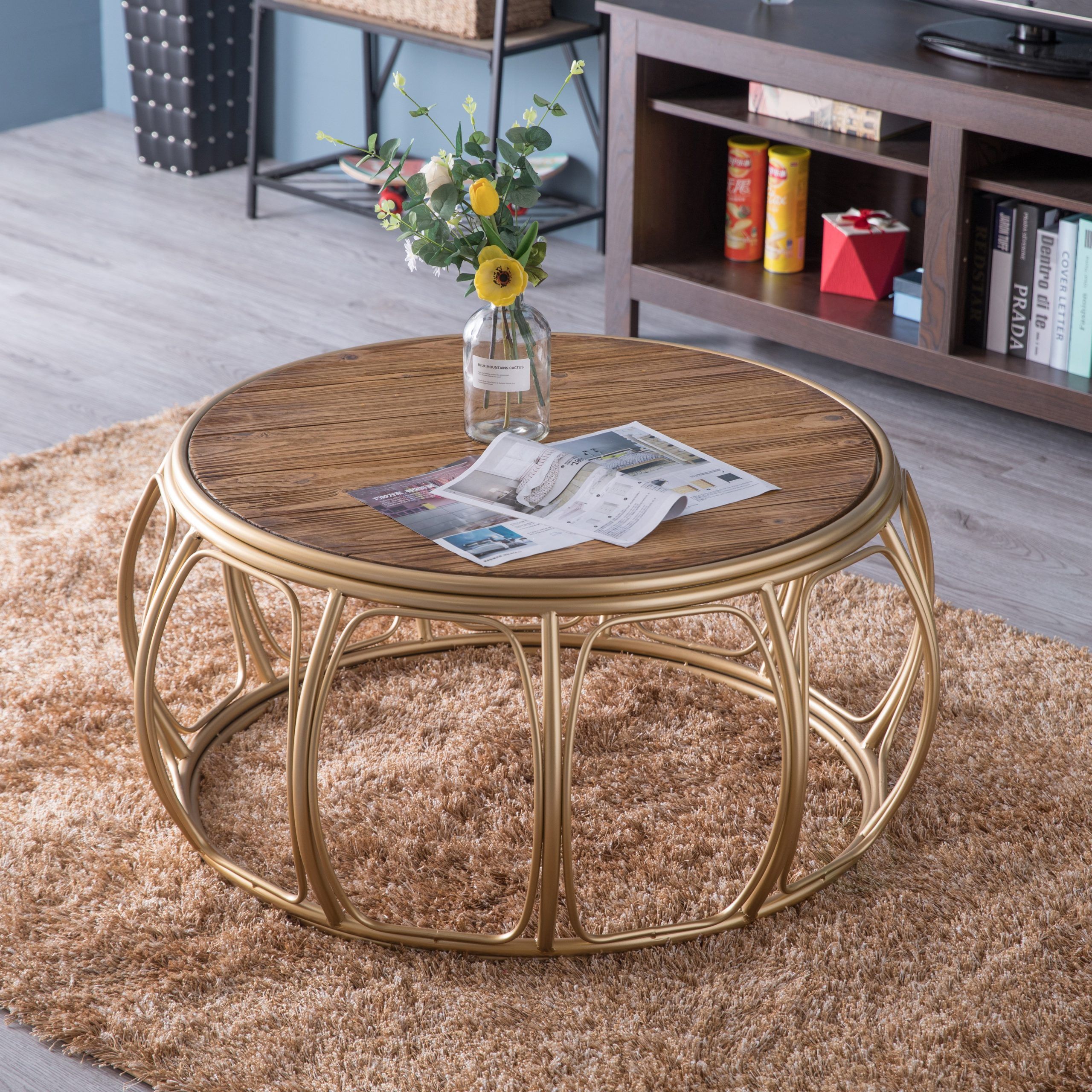New Bold Tones Large Round Wood And Metal Coffee Table, Qi003517l | Ebay Intended For Coffee Tables With Round Wooden Tops (Gallery 19 of 20)