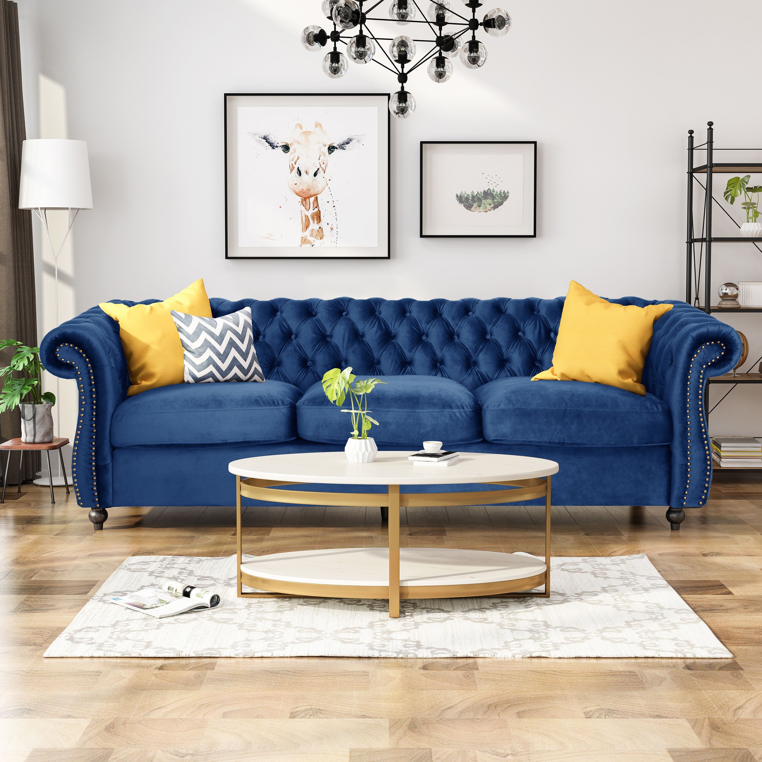 Noble House Aaniya Tufted Velvet Sofa, Navy Blue, Dark Brown – Walmart Inside Tufted Upholstered Sofas (View 19 of 20)