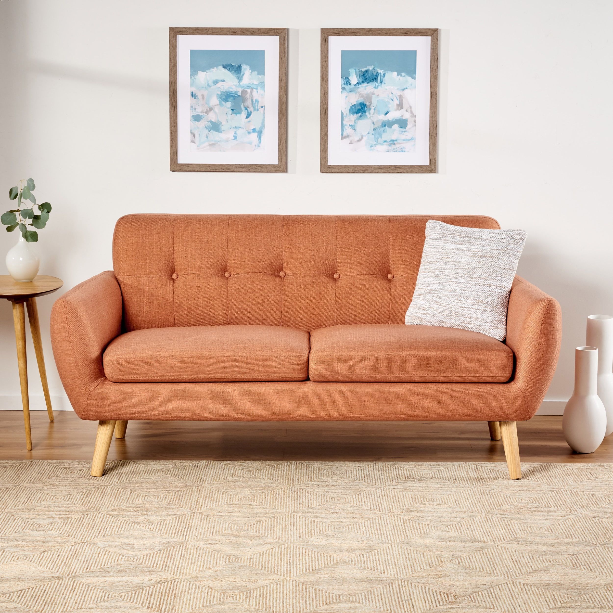 Noble House Abitha Fabric Tufted Sofa, Burnt Orange, Natural Oak Pertaining To Mid Century Modern Sofas (Gallery 9 of 20)