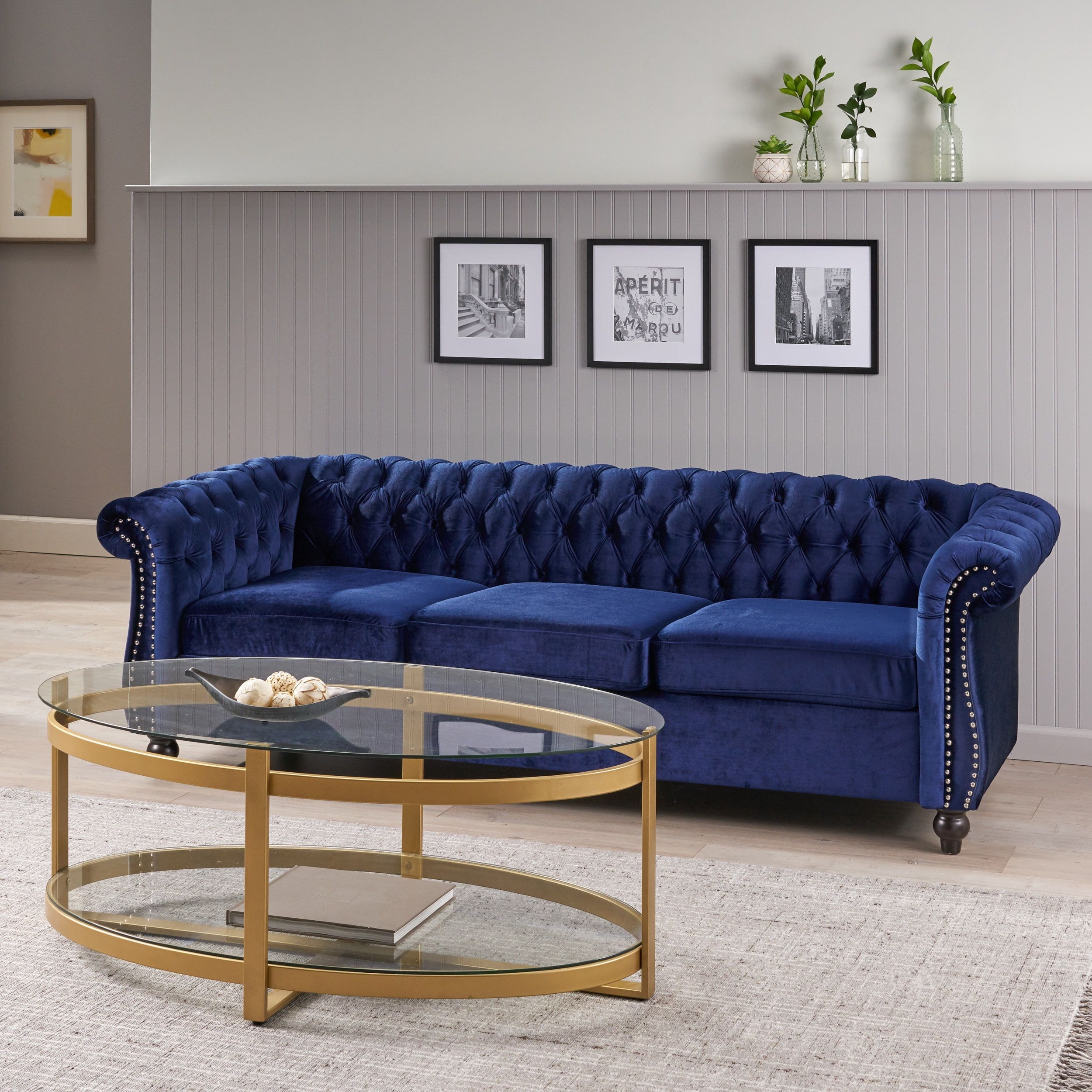 Noble House Ankit Tufted Chesterfield Velvet 3 Seater Sofa, Midnight With Regard To Chesterfield Sofas (View 13 of 21)