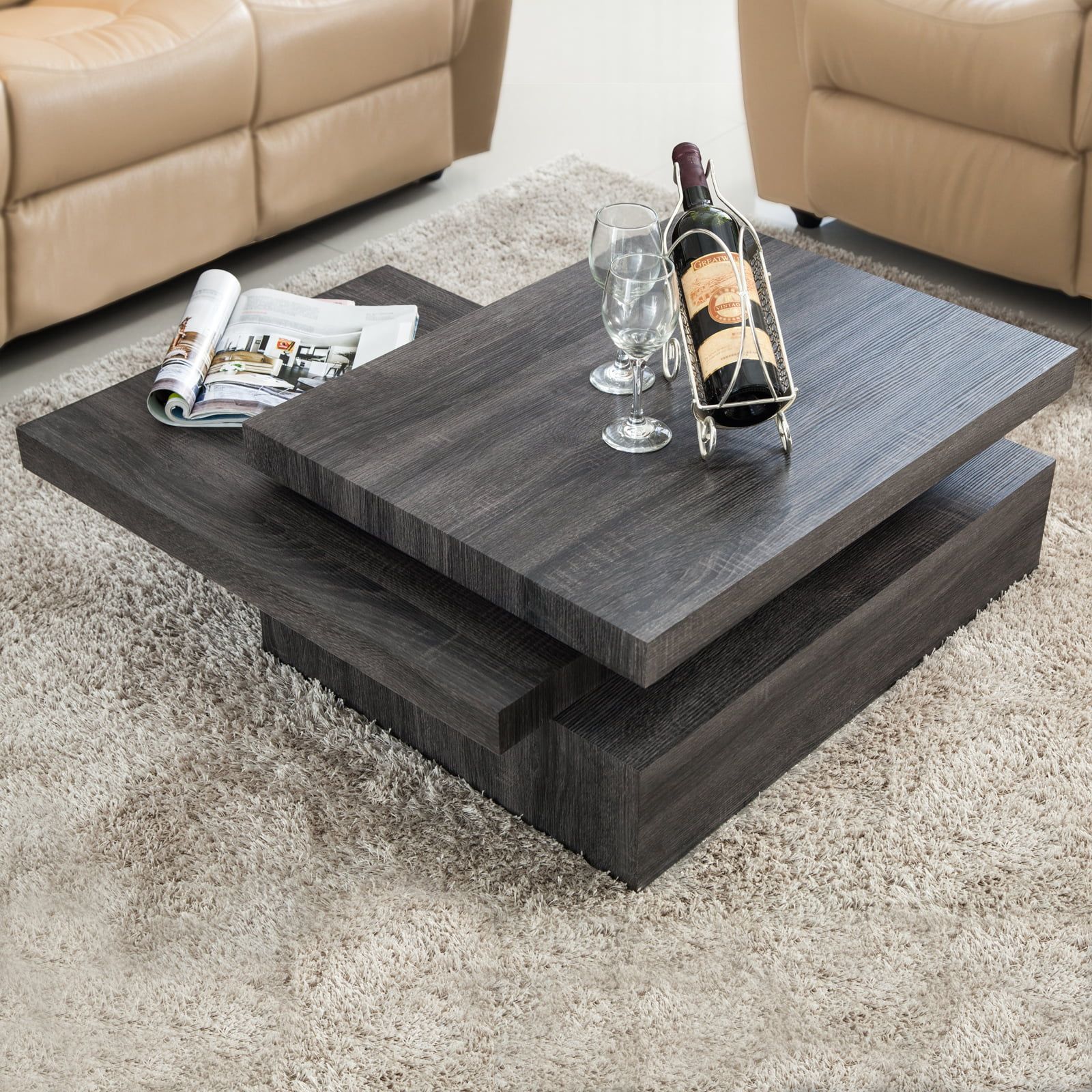 Oak Square Rotating Wood Coffee Table With 3 Layers Home Living Room Throughout Transitional Square Coffee Tables (View 18 of 20)