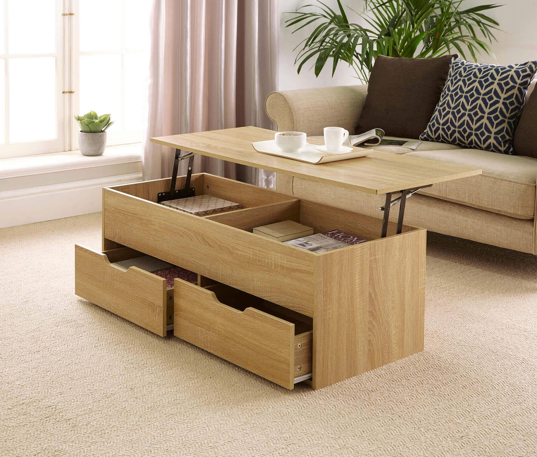 Oak Wooden Coffee Table With Lift Up Top And 2 Large Storage Drawers Inside Lift Top Coffee Tables With Storage Drawers (View 2 of 20)