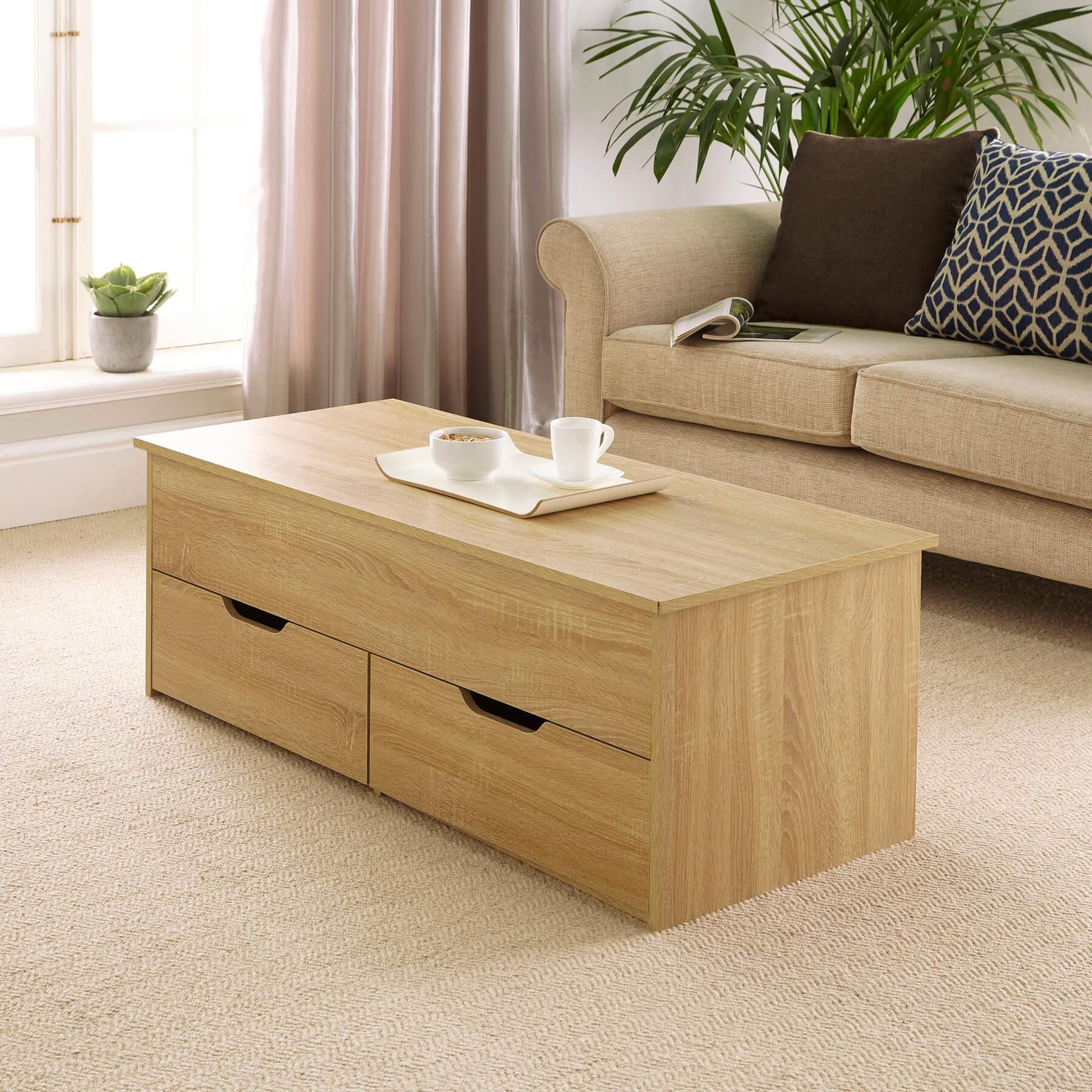 Oak Wooden Coffee Table With Lift Up Top And 2 Large Storage Drawers Pertaining To Lift Top Coffee Tables With Storage Drawers (View 6 of 20)