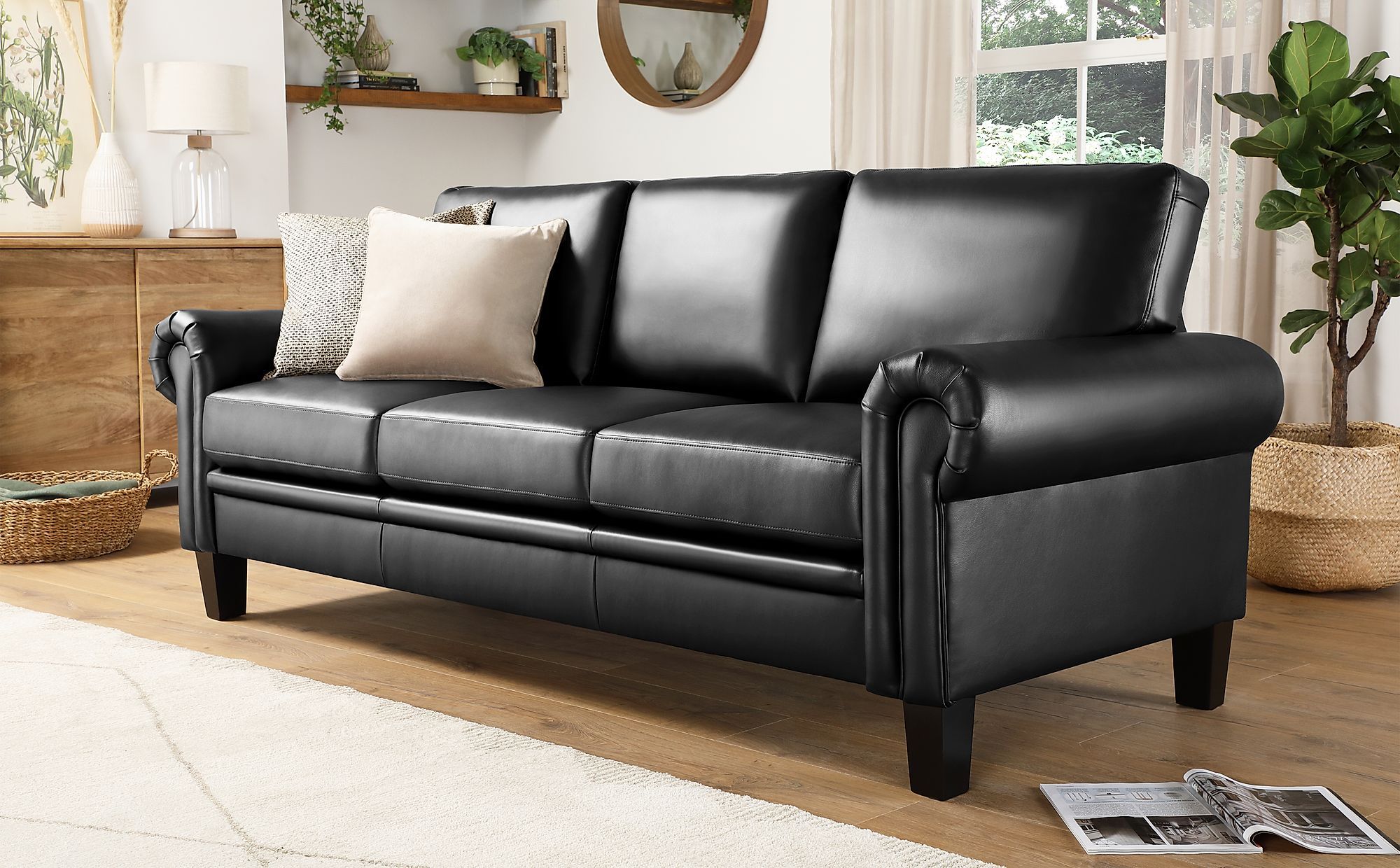 Oakley Black Leather 3 Seater Sofa | Furniture Choice Within 3 Seat L Shaped Sofas In Black (View 9 of 20)