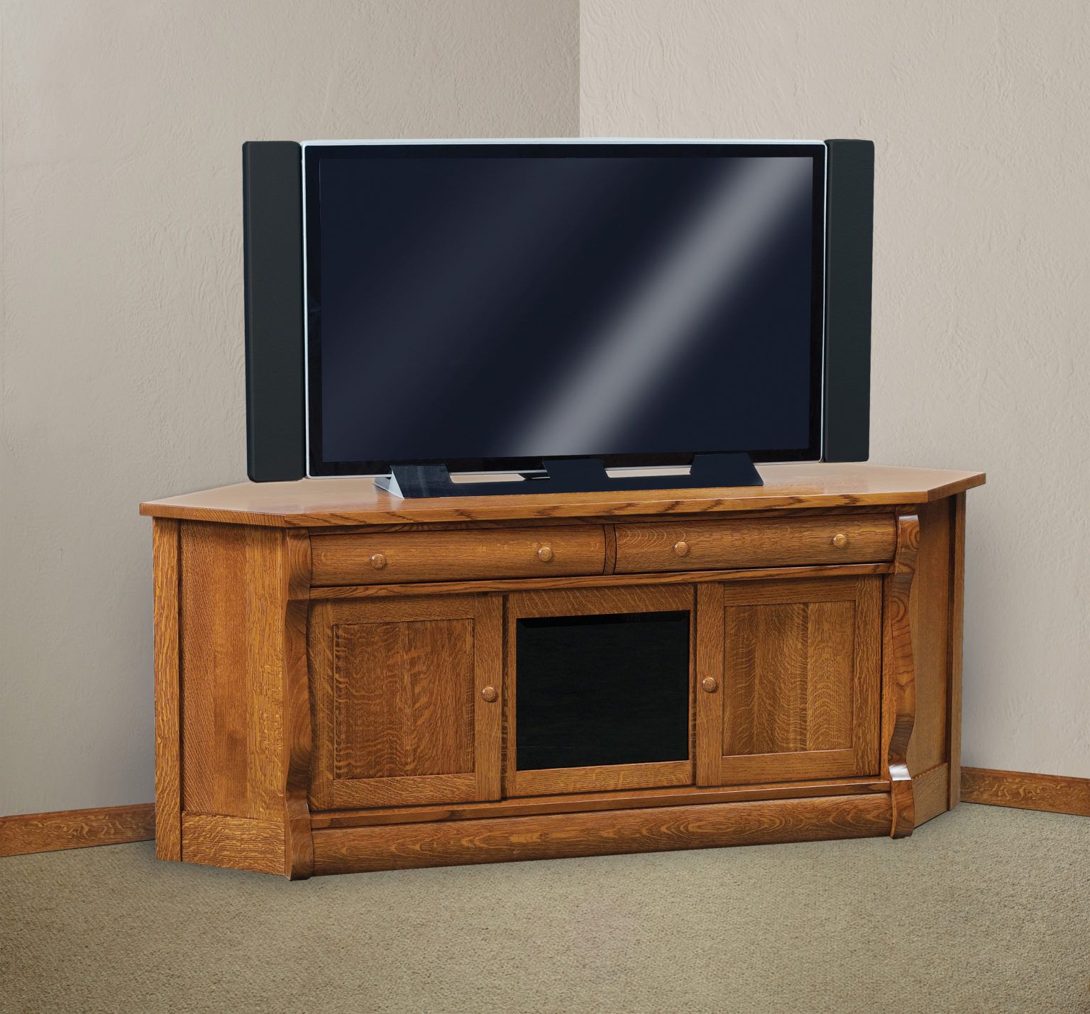Old Classic Sleigh Corner Tv Stand | Amish Solid Wood Tv Stands For 110&quot; Tvs Wood Tv Cabinet With Drawers (View 7 of 20)