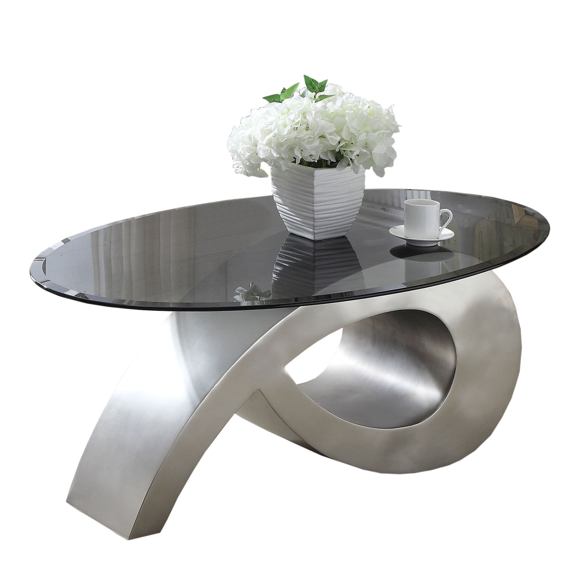 Oval Glass Coffee Table With Unique Metal Base, Black And Silver Intended For Oval Glass Coffee Tables (View 11 of 20)