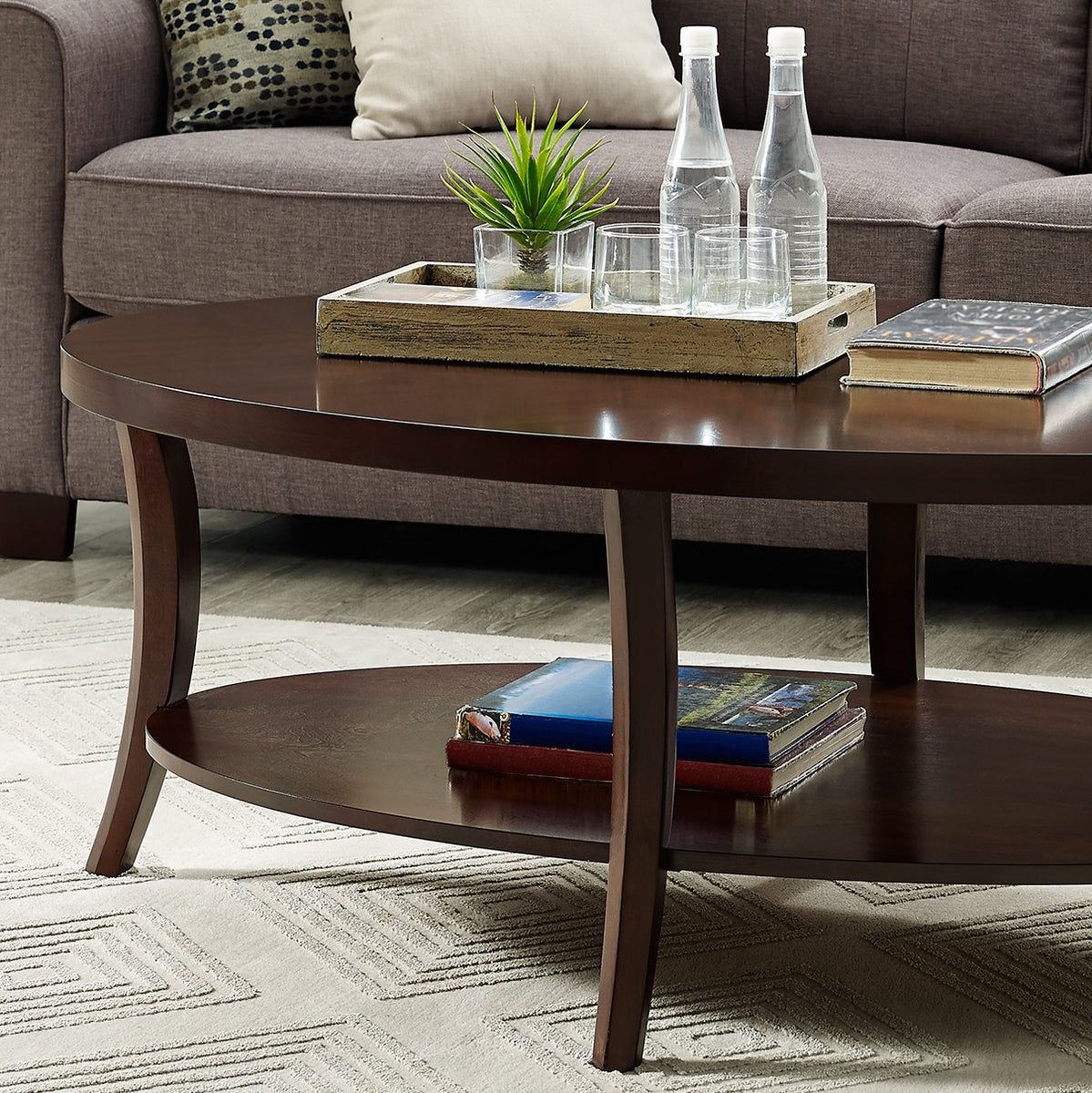 Perth Espresso Oval Coffee Table With Shelf – Roundhill Furniture Inside Espresso Wood Finish Coffee Tables (Gallery 15 of 21)