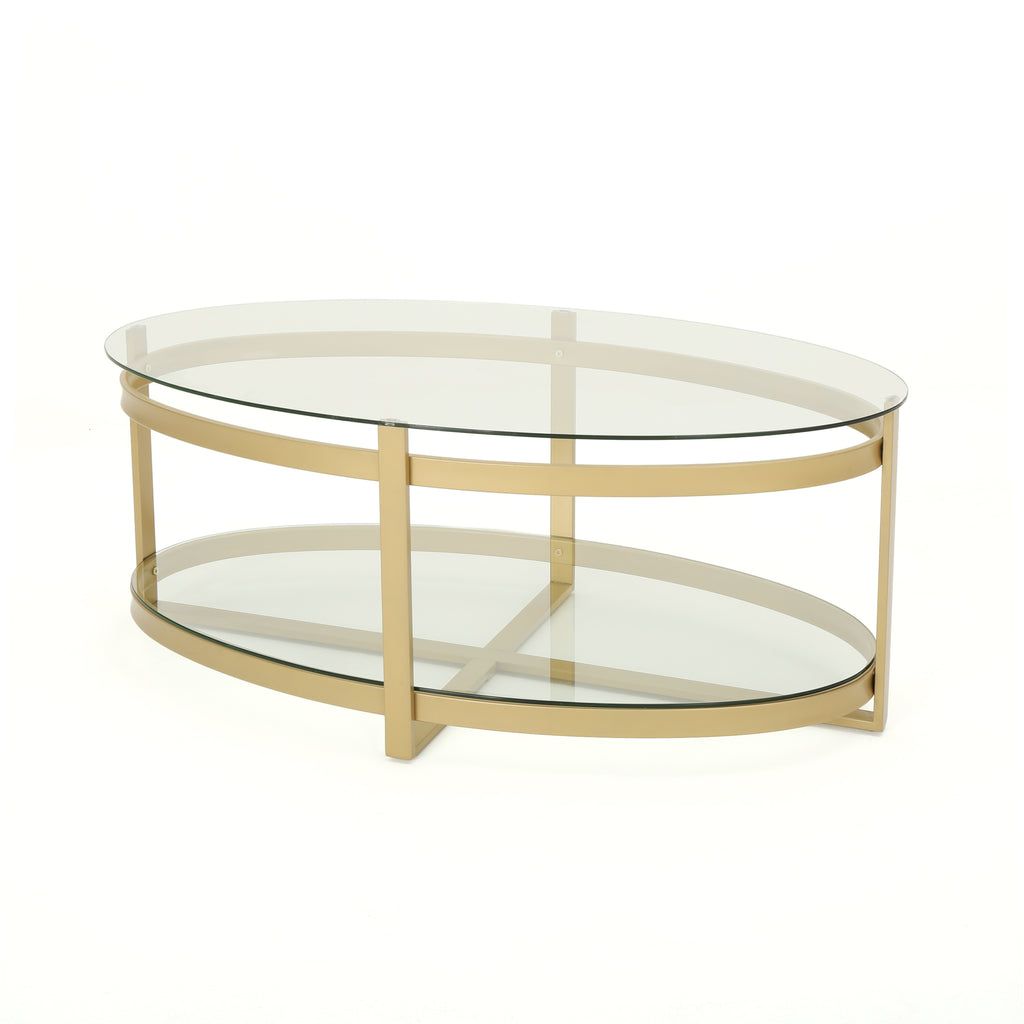 Peterborough Modern Glam Tempered Glass Oval Coffee Table With Iron Fr Inside Tempered Glass Oval Side Tables (View 8 of 20)