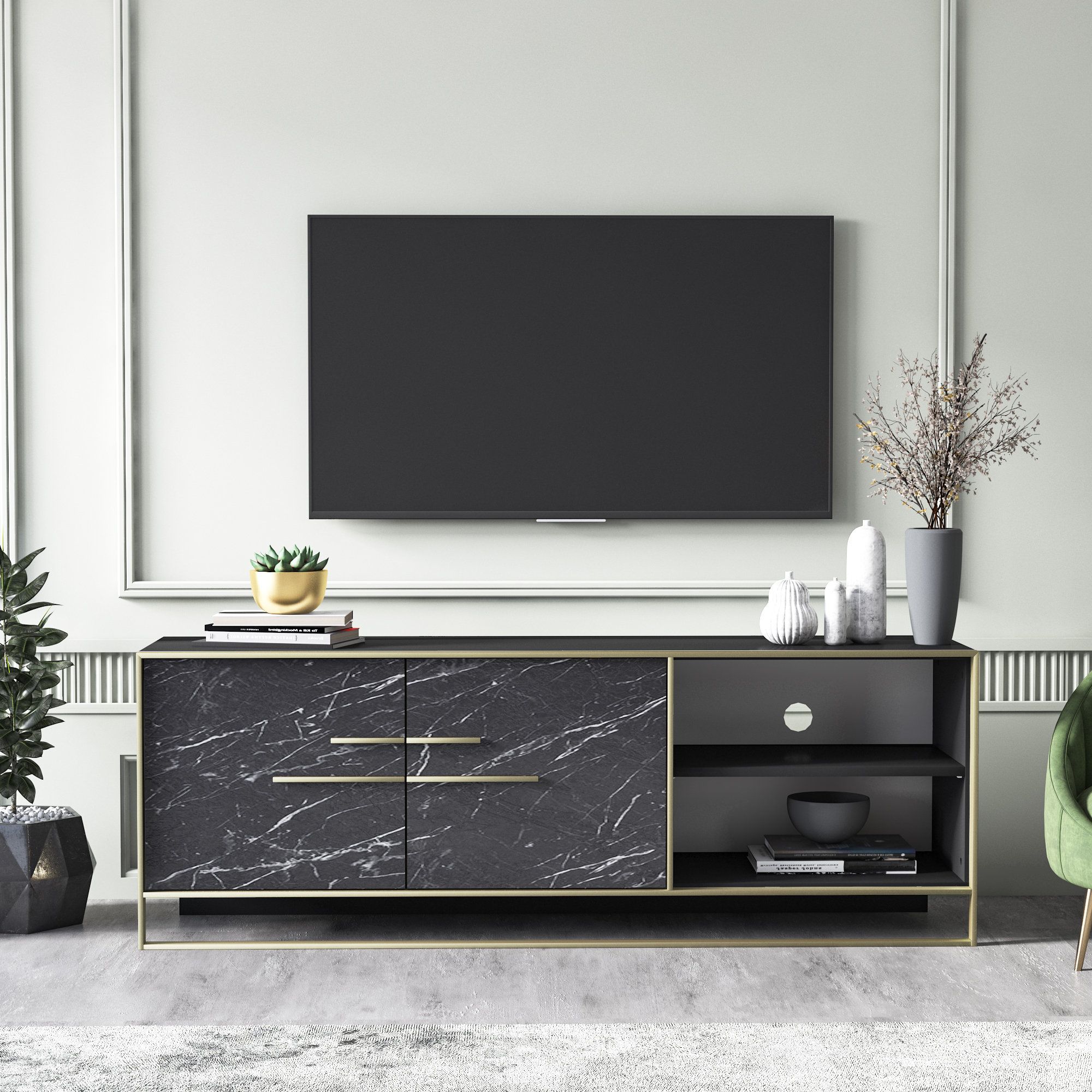 Polkana Black 160 Cm Wide Natural Marble Pattern Tv Unit / Tv | Etsy With Regard To Black Marble Tv Stands (Gallery 2 of 20)