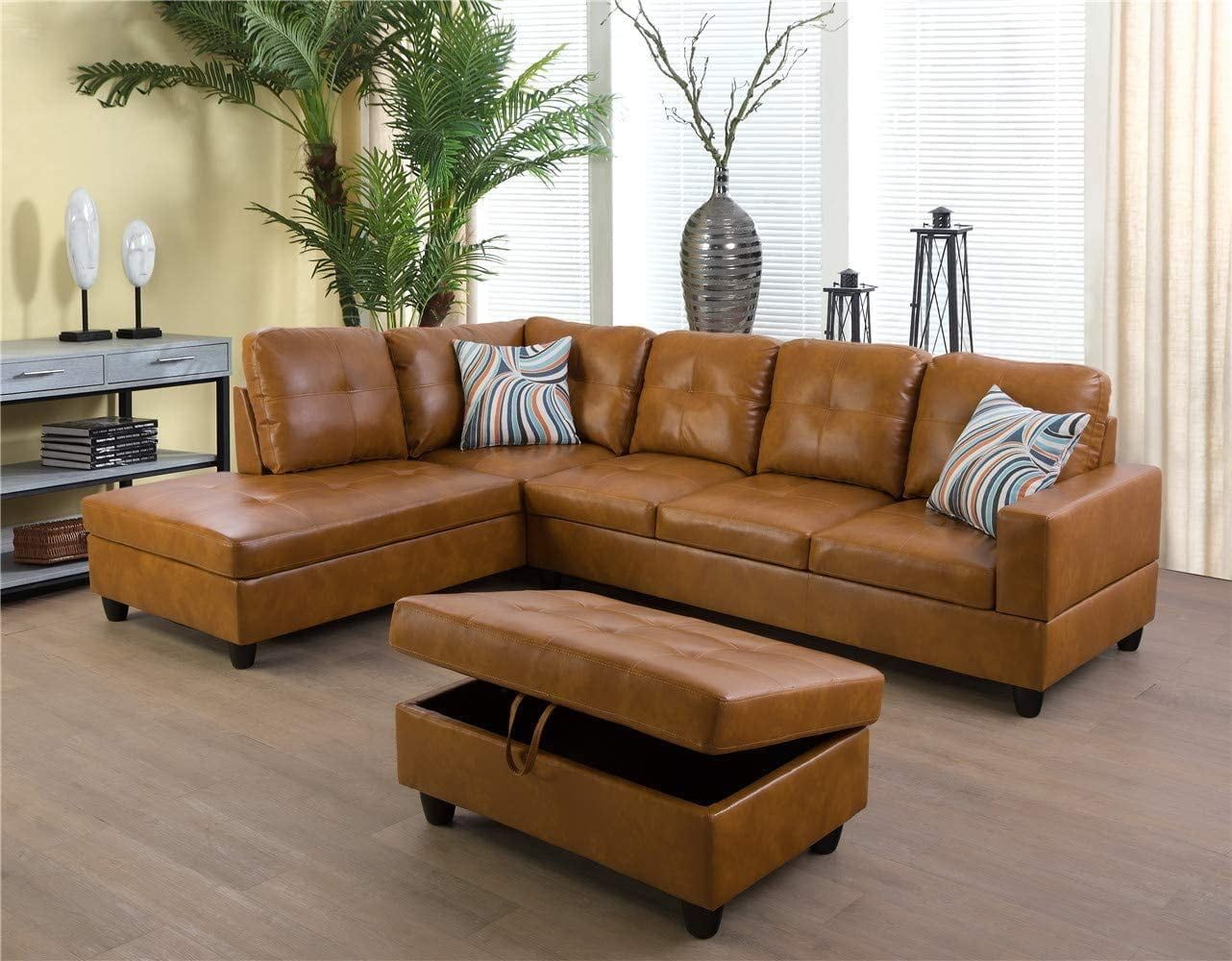 Ponliving Furniture Caramel 103.5'' Sectional Sofa With Storage Ottoman Regarding Sofas With Ottomans In Brown (Gallery 16 of 20)