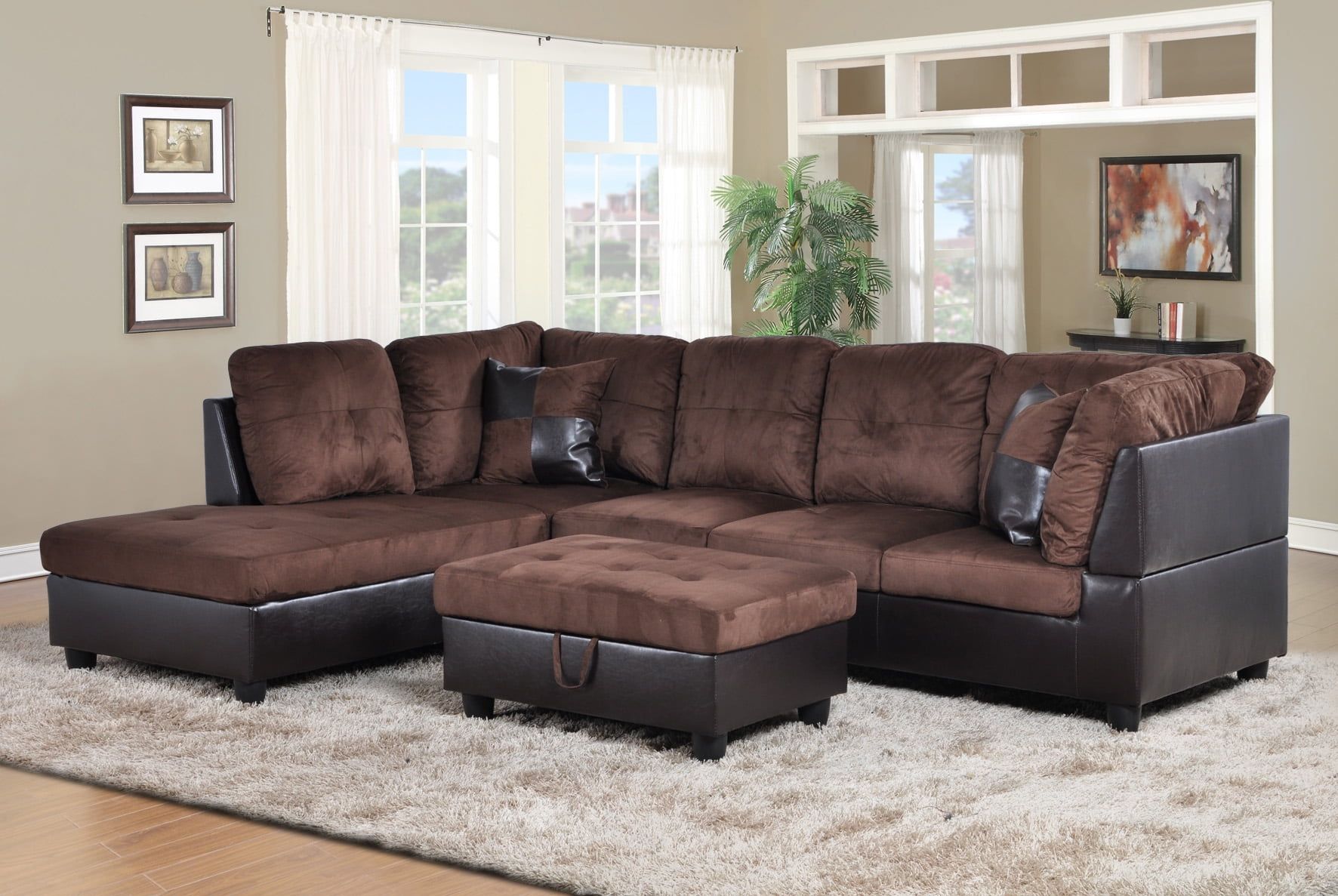 Ponliving Furniture Hermann Left Chaise Sectional Sofa With Storage Throughout Sofas With Ottomans In Brown (View 3 of 20)