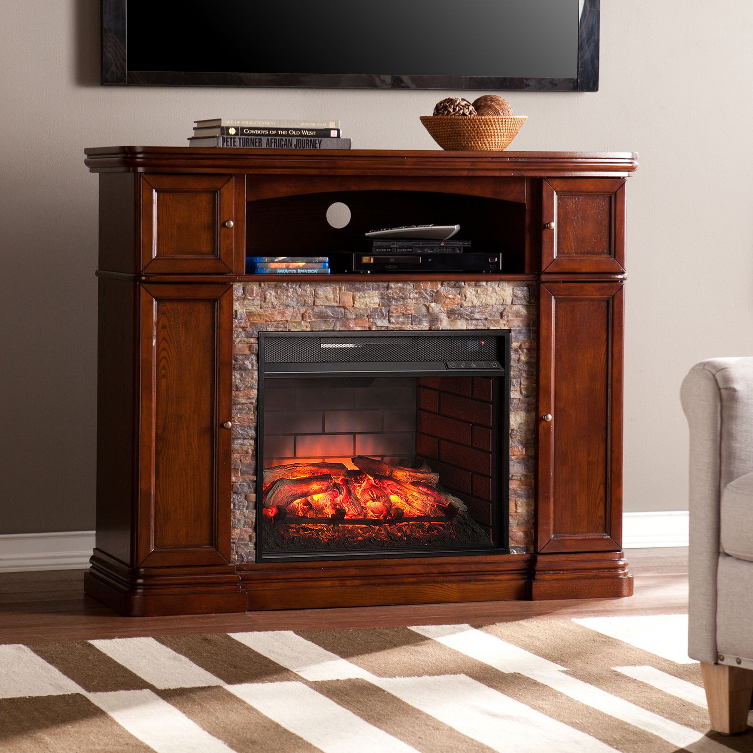 Preston Espresso & Faux Stone Tv Stand & Electric Fireplace – Pier1 For Electric Fireplace Tv Stands (View 18 of 20)