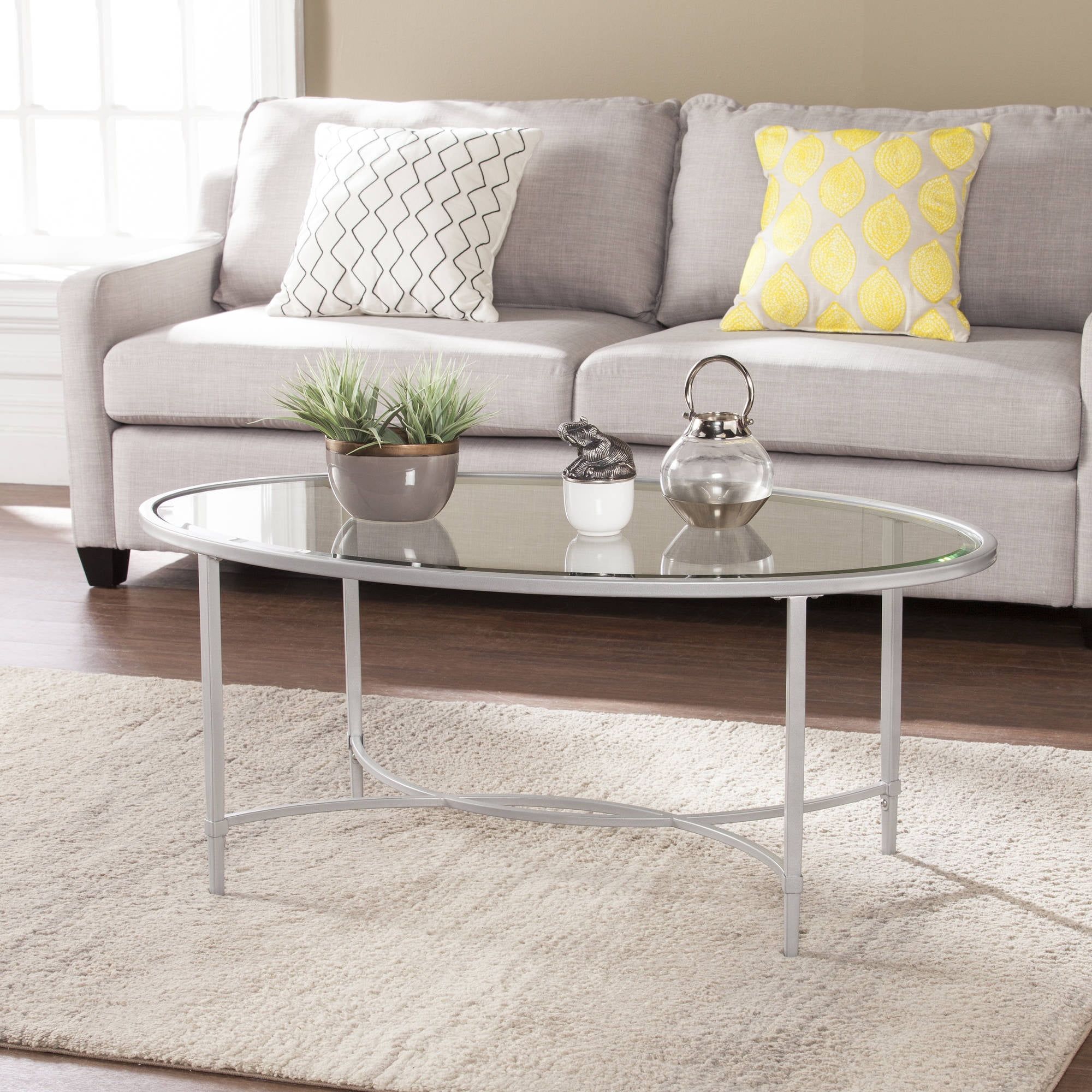Quibilah Metal/glass Oval Coffee Table, Silver – Walmart Inside Oval Glass Coffee Tables (Gallery 6 of 20)