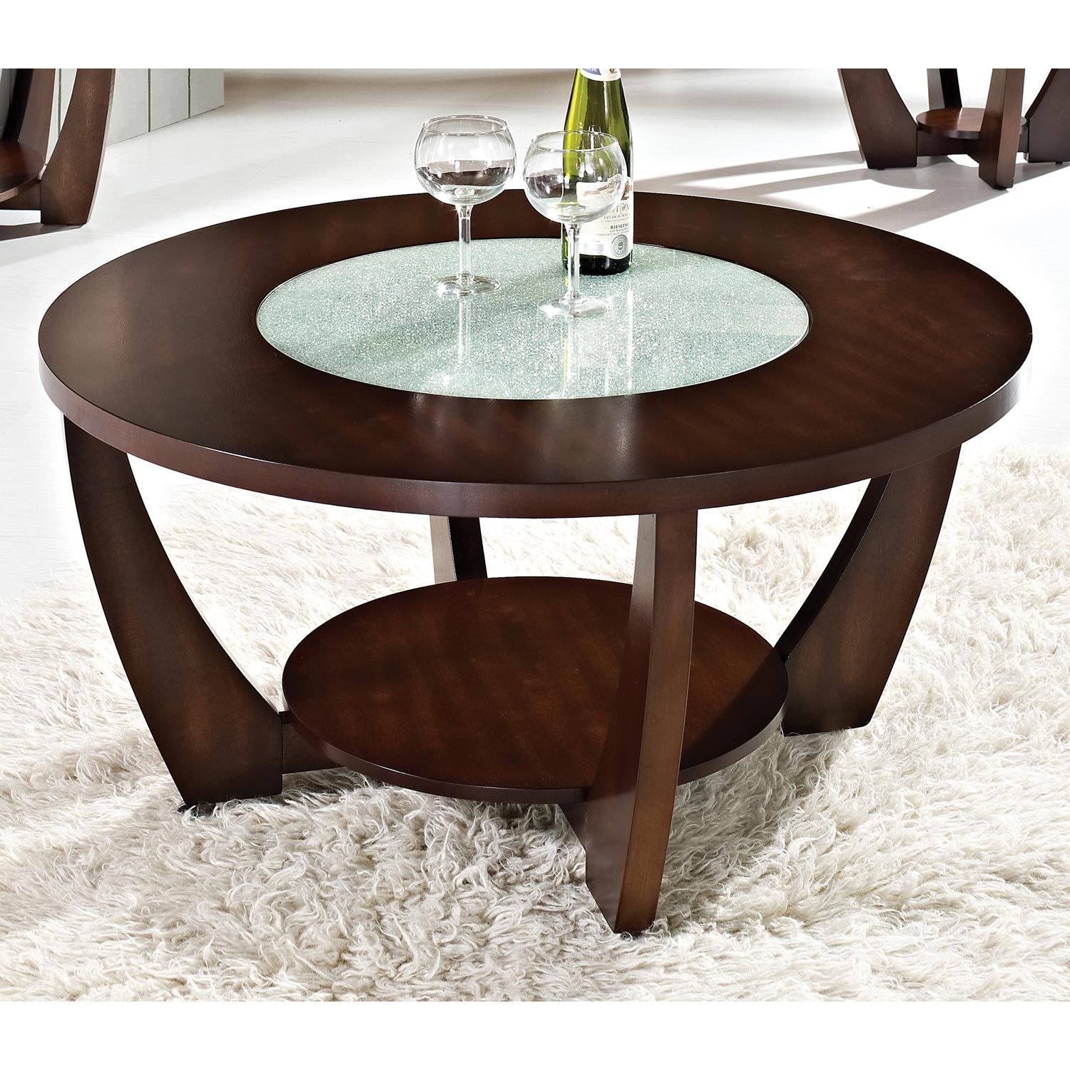 Rafael Round Coffee Table – Crackled Glass, Dark Cherry Wood | Dcg Stores Pertaining To Round Coffee Tables (View 12 of 20)