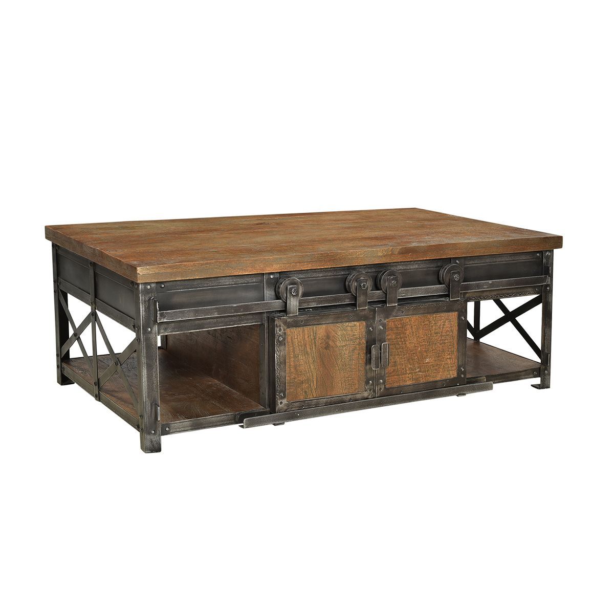 Reclaimed Mango Wood And Distressed Iron Coffee Table With Farmhouse For Coffee Tables With Sliding Barn Doors (Gallery 5 of 20)