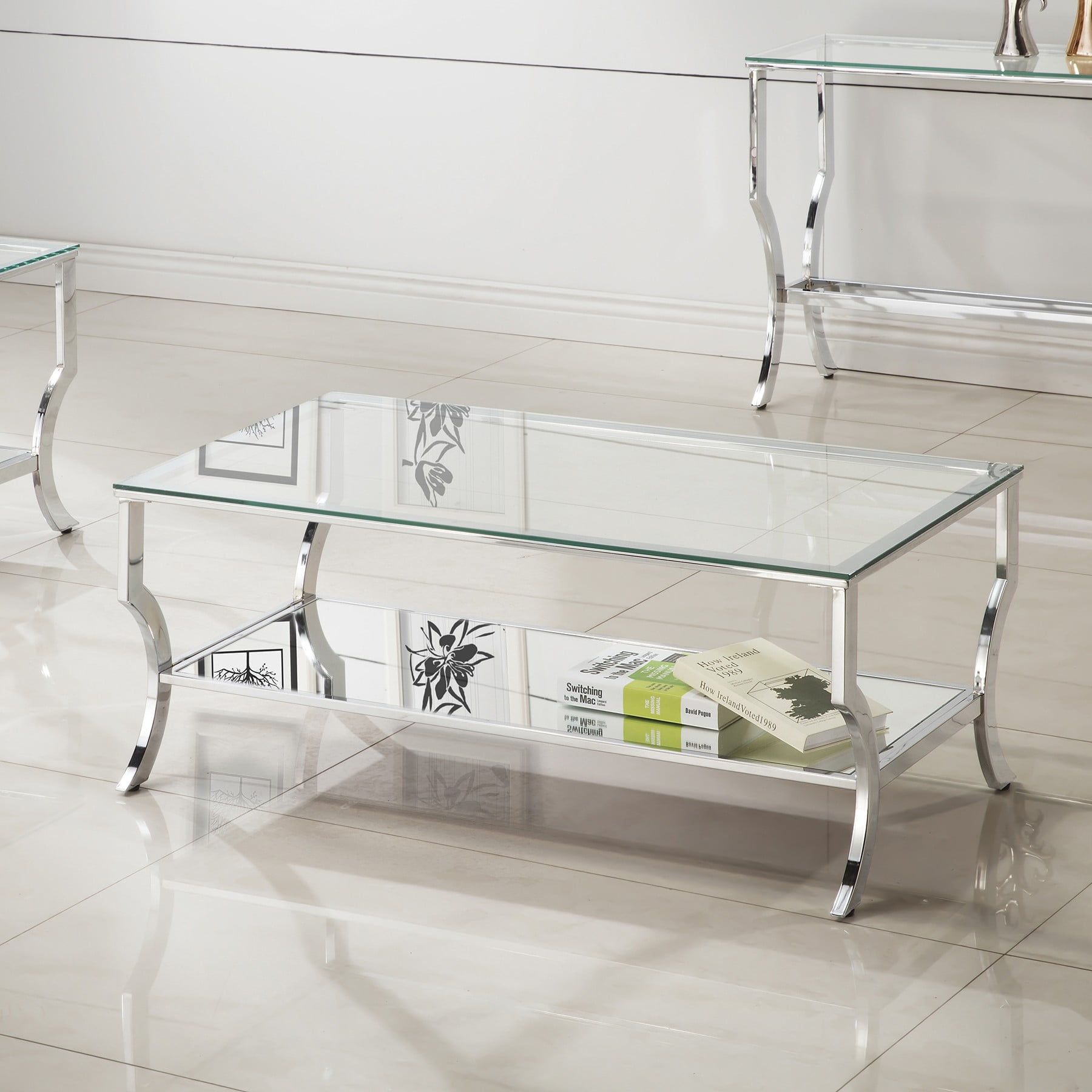 Rectangular Coffee Table With Mirrored Shelf Chrome – Walmart Inside Glass Coffee Tables With Lower Shelves (Gallery 18 of 20)