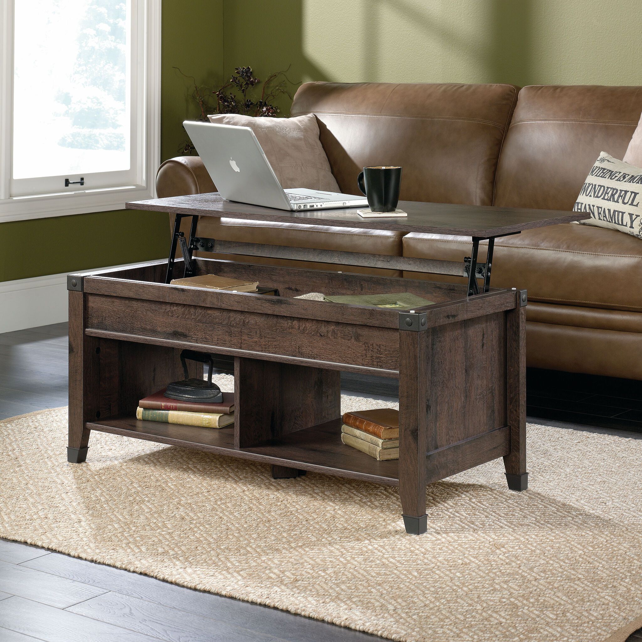 Rectangular Lift Top Contemporary Coffee Table In Coffee Oak | Mathis Throughout Wood Lift Top Coffee Tables (Gallery 3 of 20)