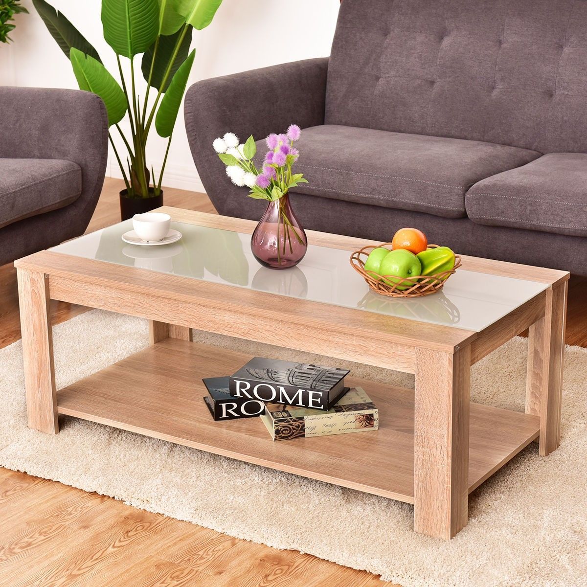 Rectangular Tempered Glass Wooden Coffee Table With Shelf | Coffee With Wood Tempered Glass Top Coffee Tables (View 9 of 20)