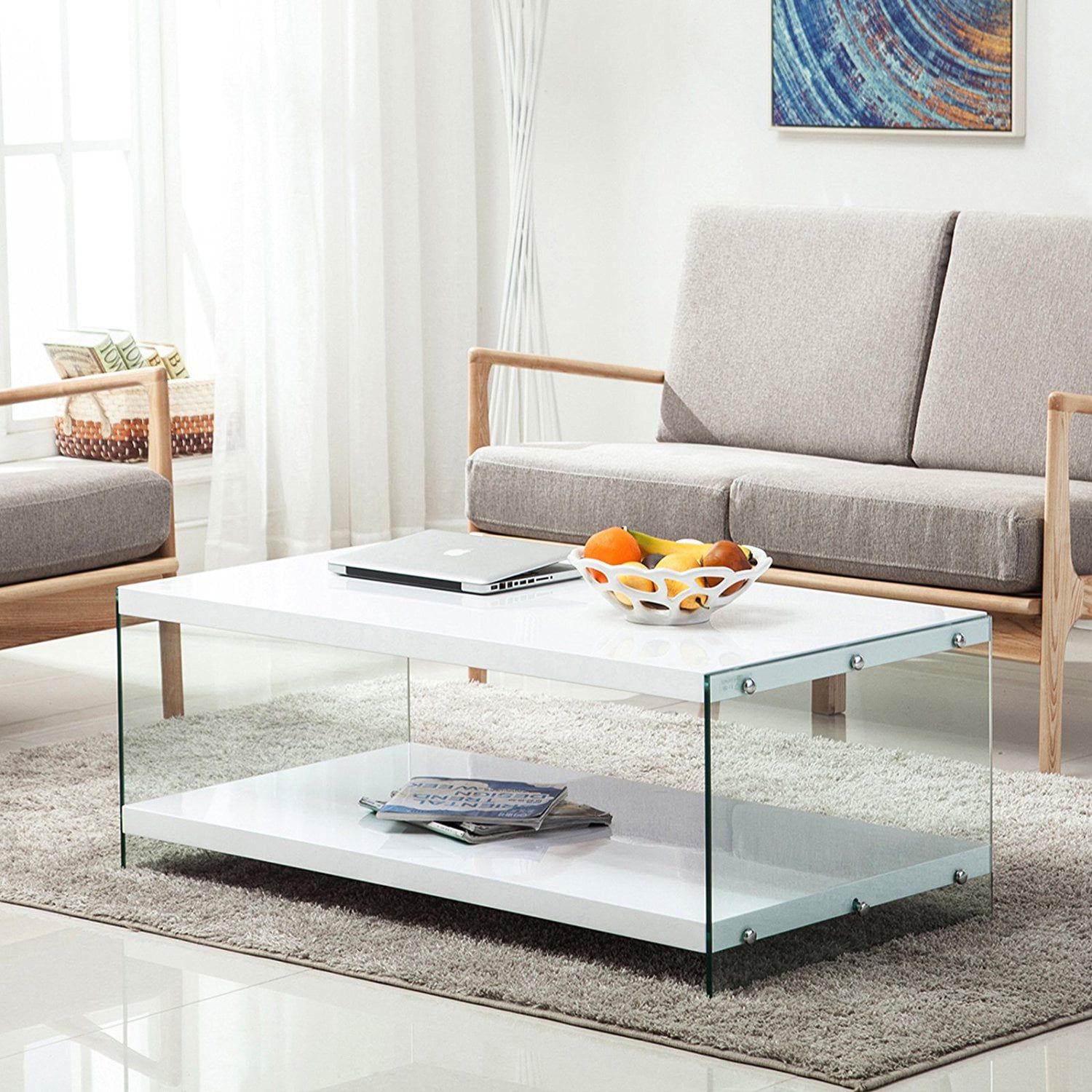 Rectangular White Glass & High Gloss Coffee Table Storage Space Living With Regard To Glass Coffee Tables With Lower Shelves (View 11 of 20)