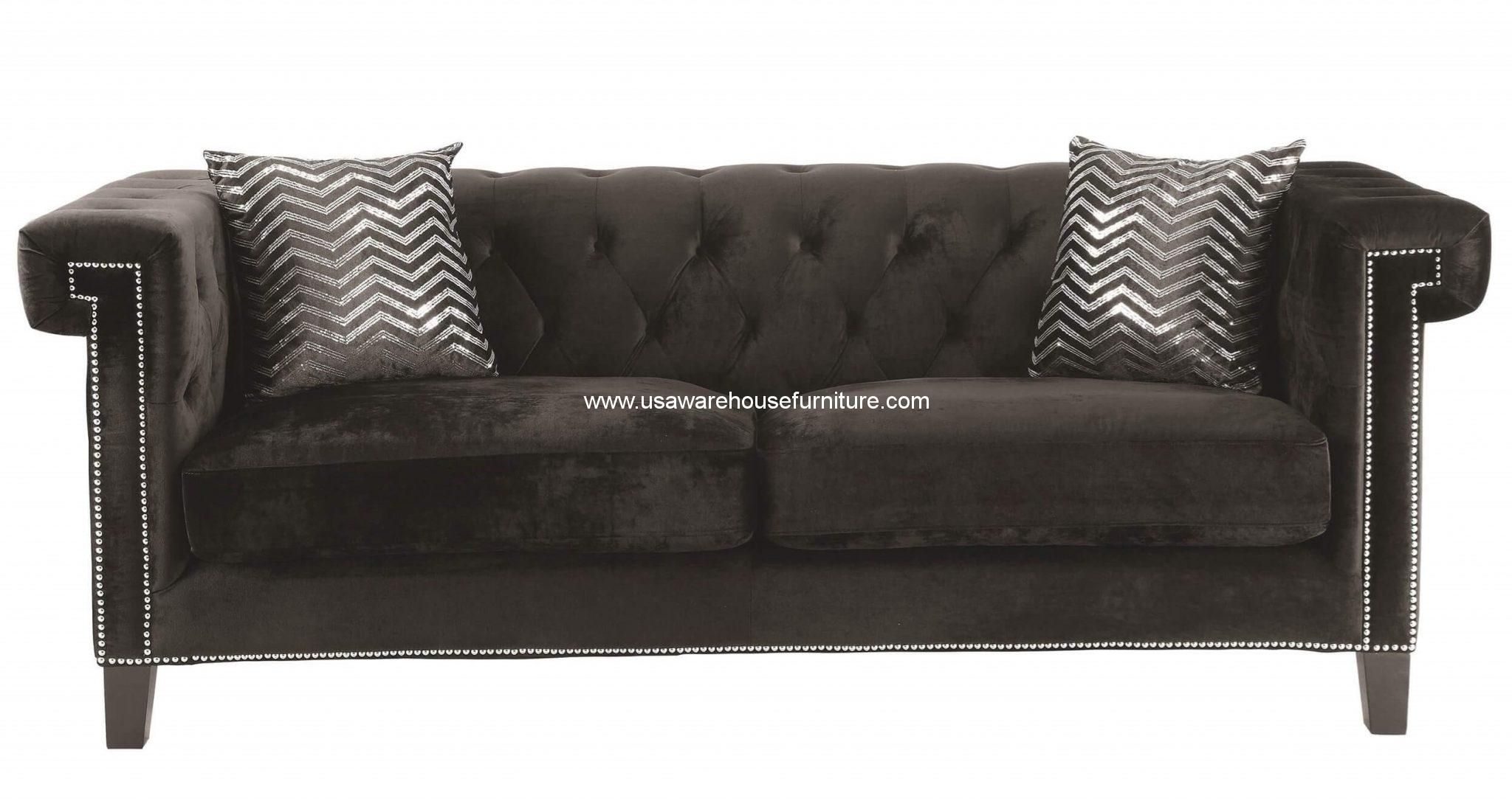Reventlow Button Tufted Black Velvet Sofa – Usa Warehouse Furniture With Black Velvet Sofas (View 18 of 20)