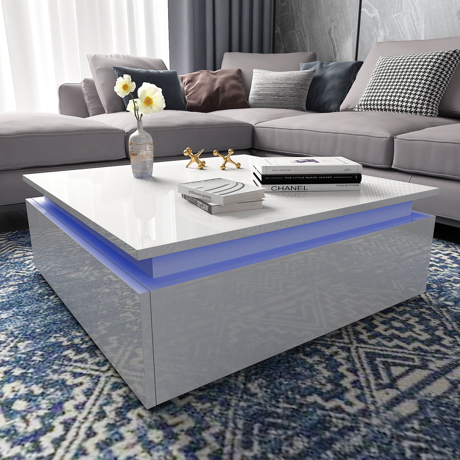 Rgb Led Light Coffee Tea Table Drawer Storage High Gloss Furniture Inside Led Coffee Tables With 4 Drawers (Gallery 20 of 20)