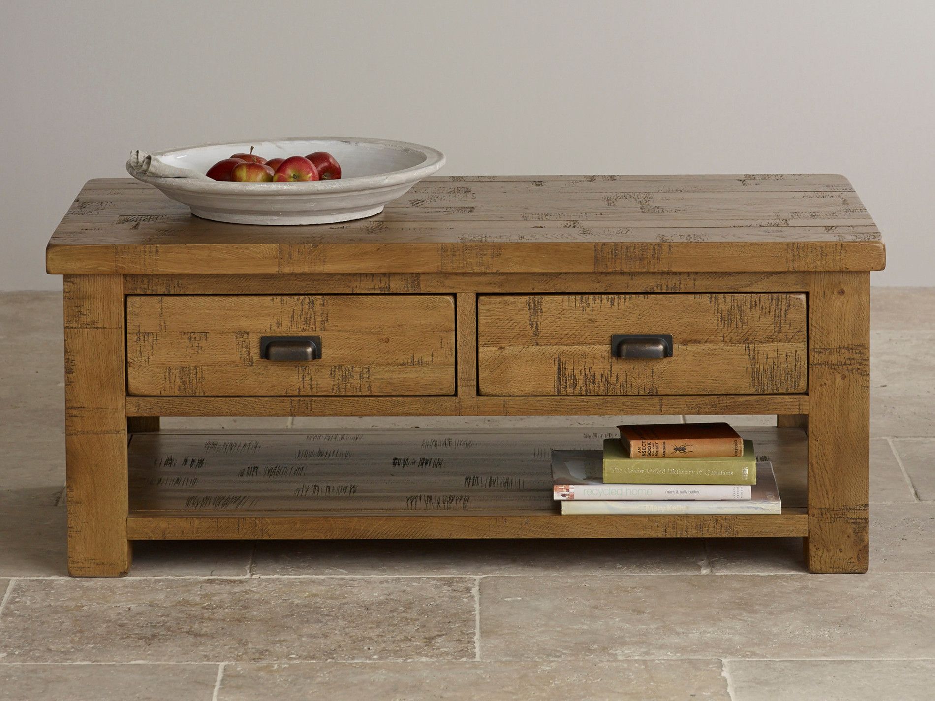 Ripley Rough Sawn Solid Oak 4 Drawer Storage Coffee Table Throughout Freestanding Tables With Drawers (View 13 of 20)