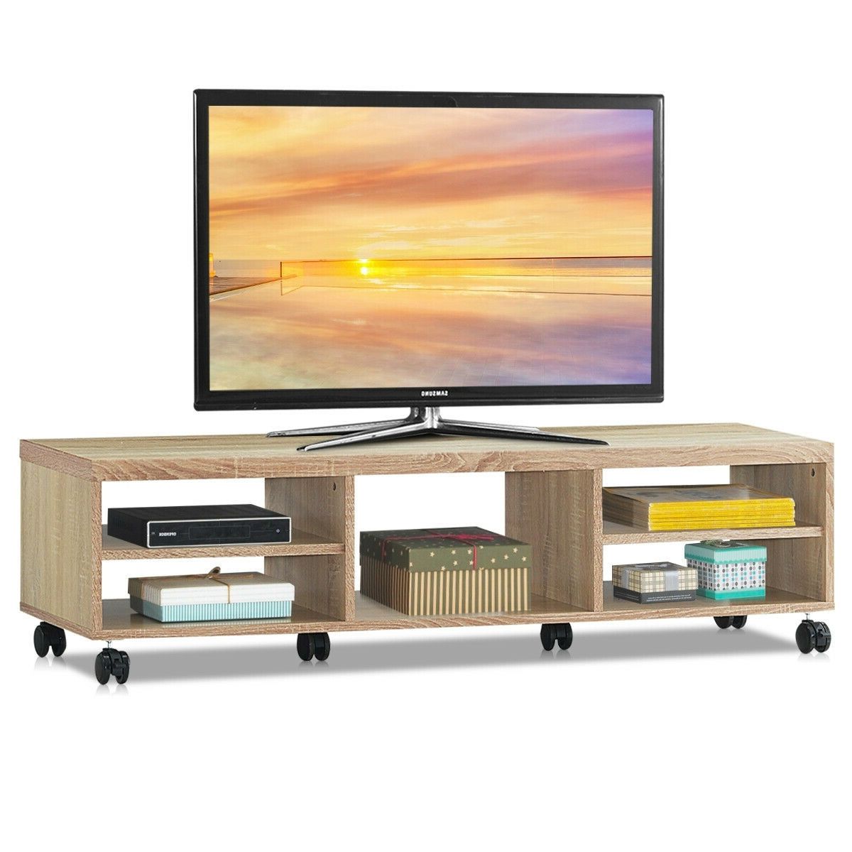 Rolling 60 Inch Tv Stand In Natural Wood Finish With 6 Wheel Inside Modern Rolling Tv Stands (View 20 of 20)
