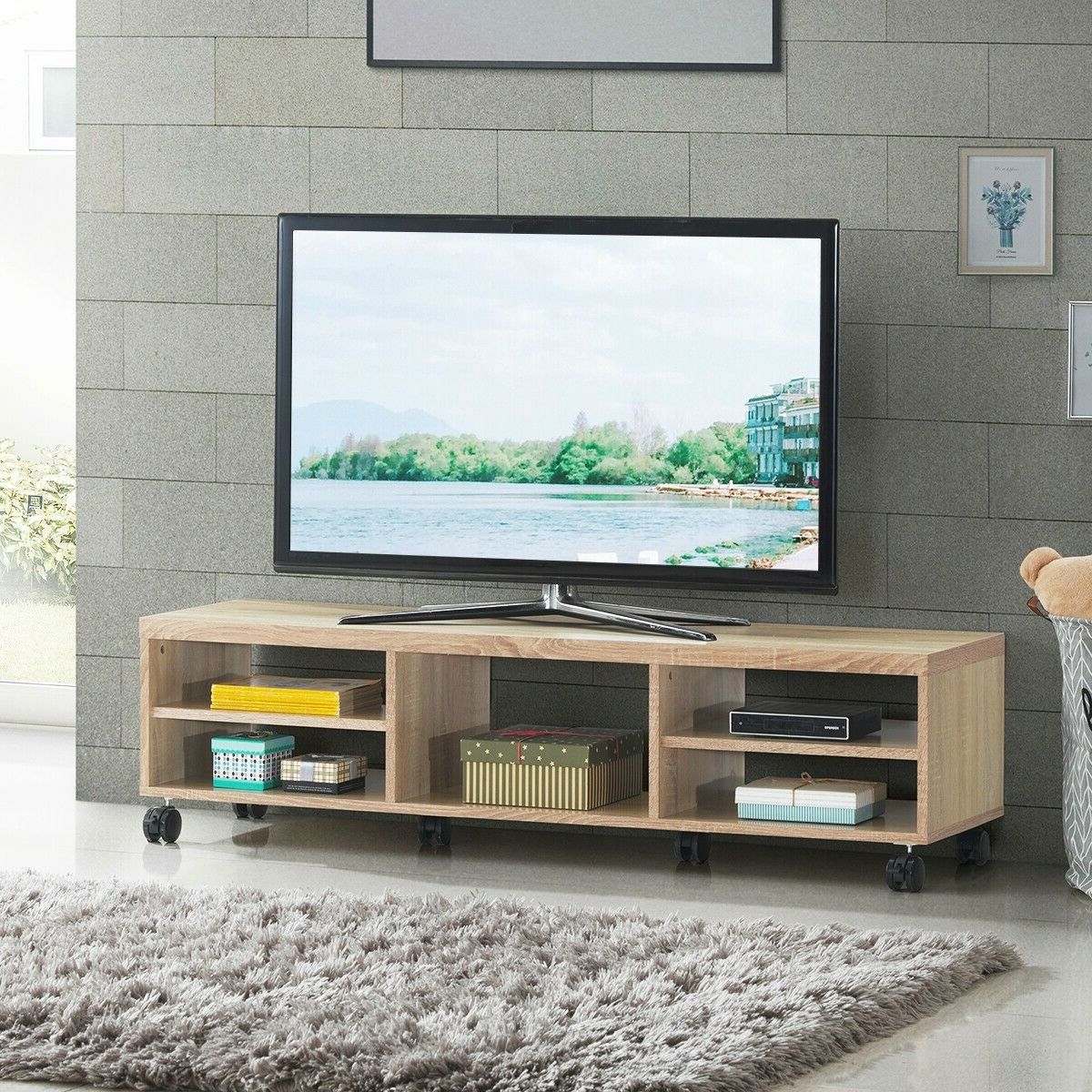 Rolling 60 Inch Tv Stand In Natural Wood Finish With 6 Wheel Regarding Modern Rolling Tv Stands (View 18 of 20)