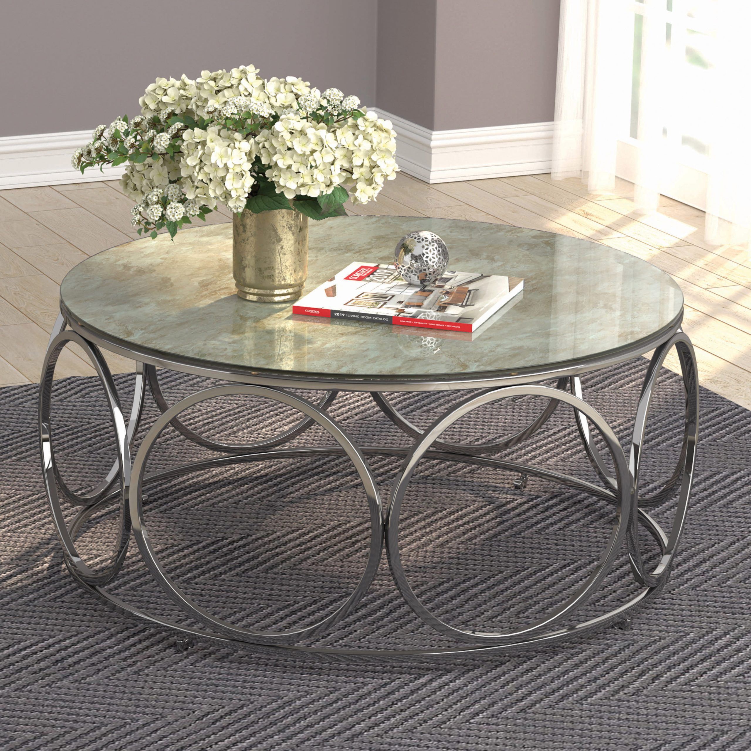 Round Coffee Table With Casters Beige Marble And Chrome – Walmart Within Round Coffee Tables (Gallery 8 of 20)