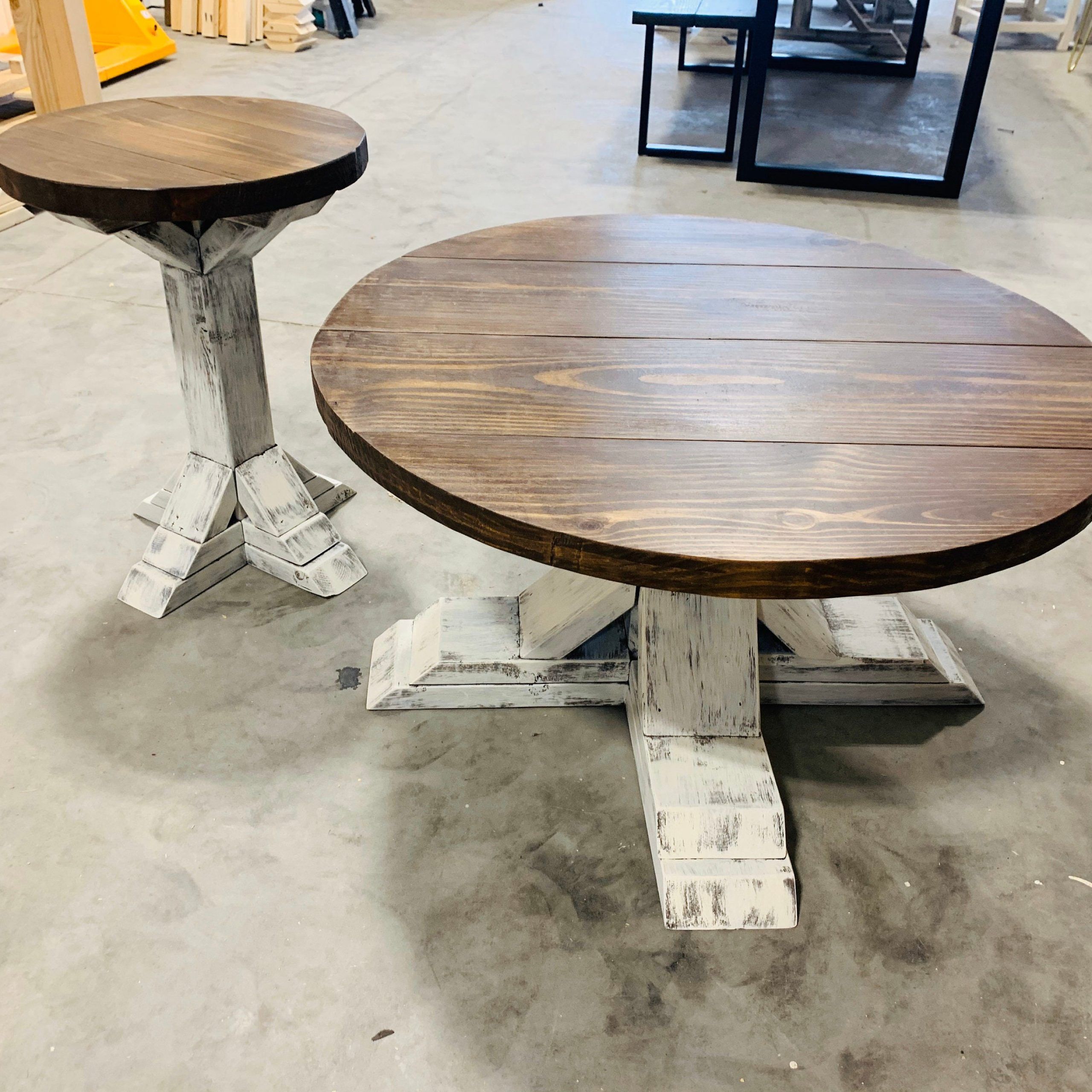 Round Farmhouse Rustic Coffee Table And End Table With Pedestal Base Intended For American Heritage Round Coffee Tables (View 19 of 20)
