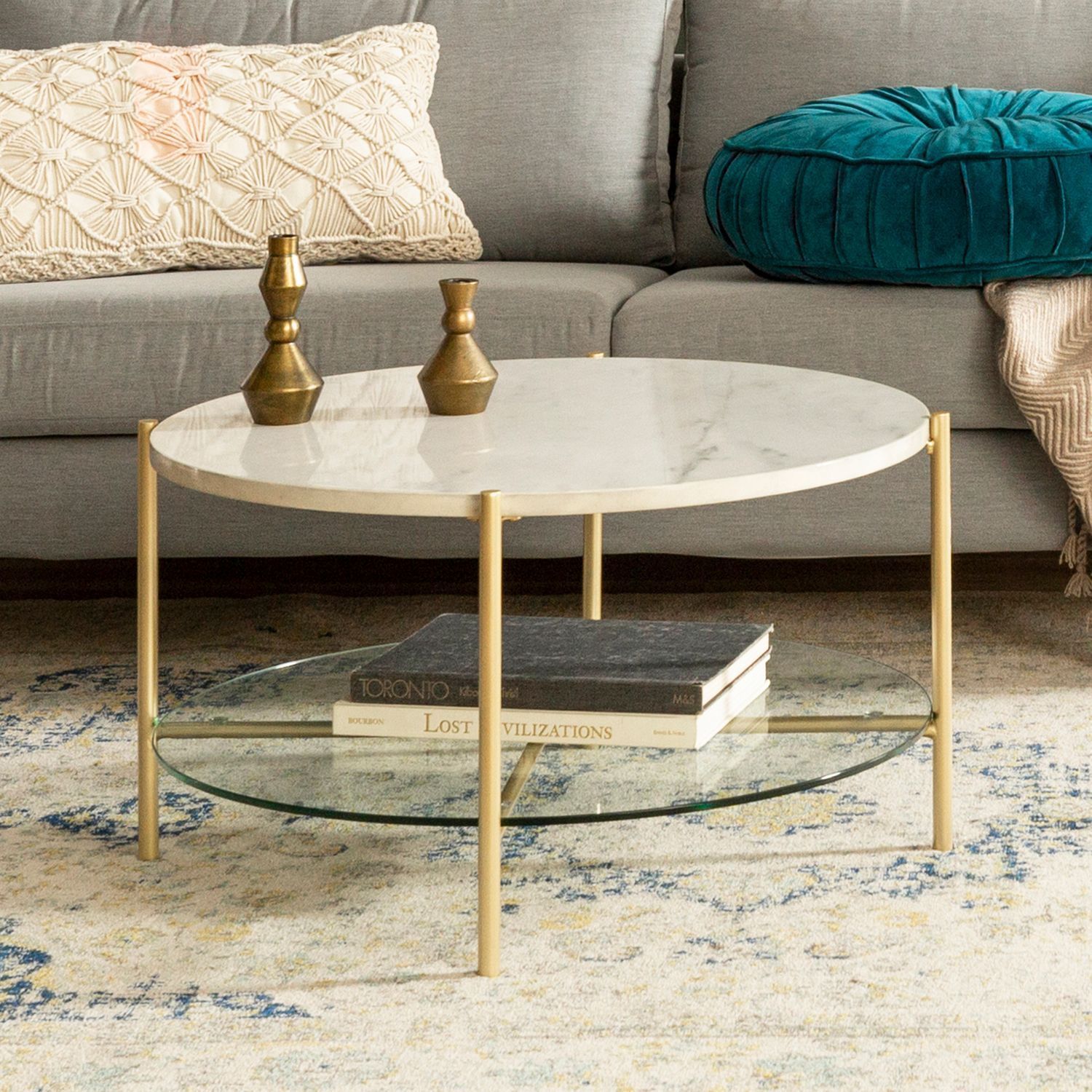 Round White Faux Marble & Gold Coffee Table With Glass Shelf | Pier 1 In Modern Round Faux Marble Coffee Tables (View 5 of 20)
