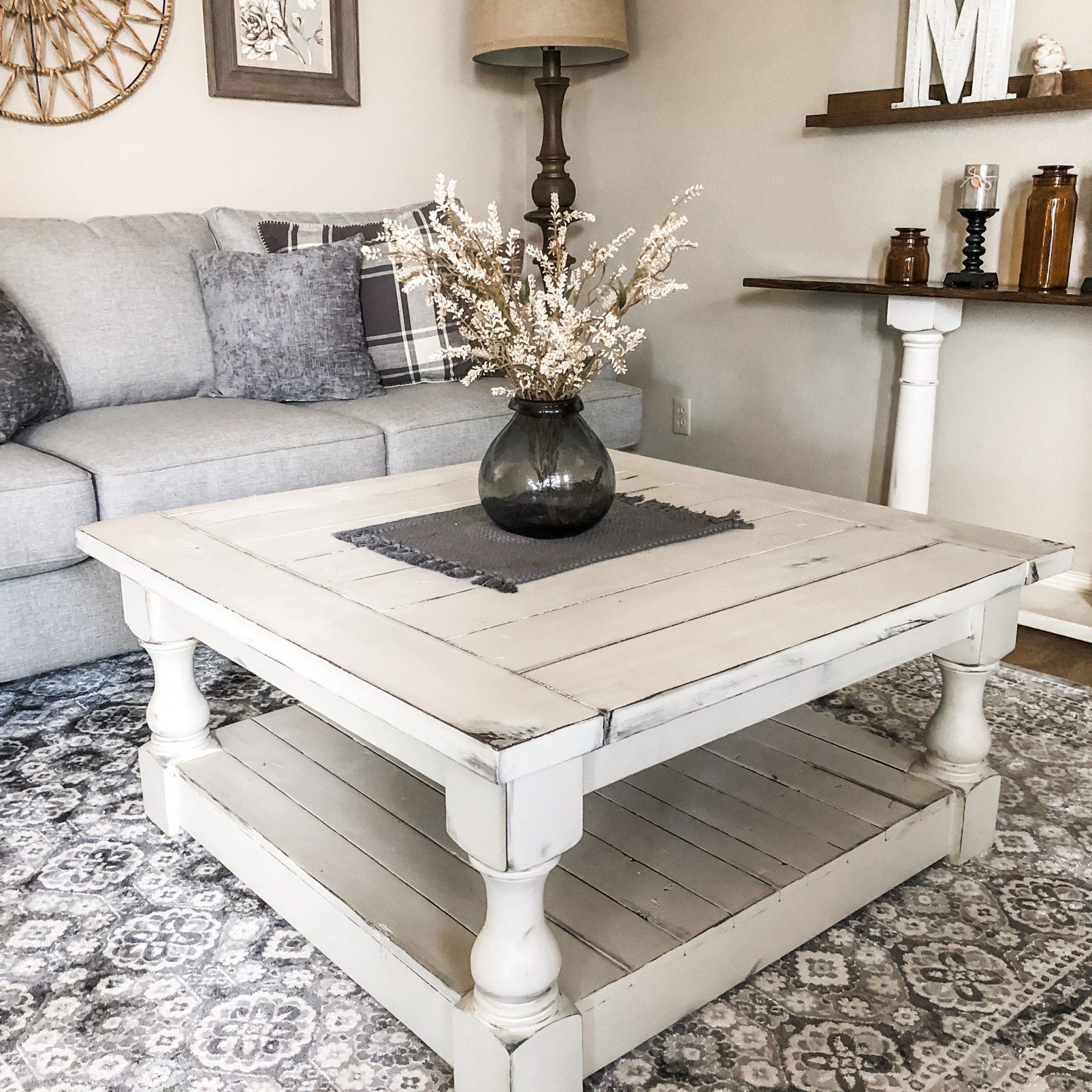 Rustic Baluster Square Farmhouse Coffee Table All Painted & Distressed Throughout Living Room Farmhouse Coffee Tables (Gallery 14 of 20)