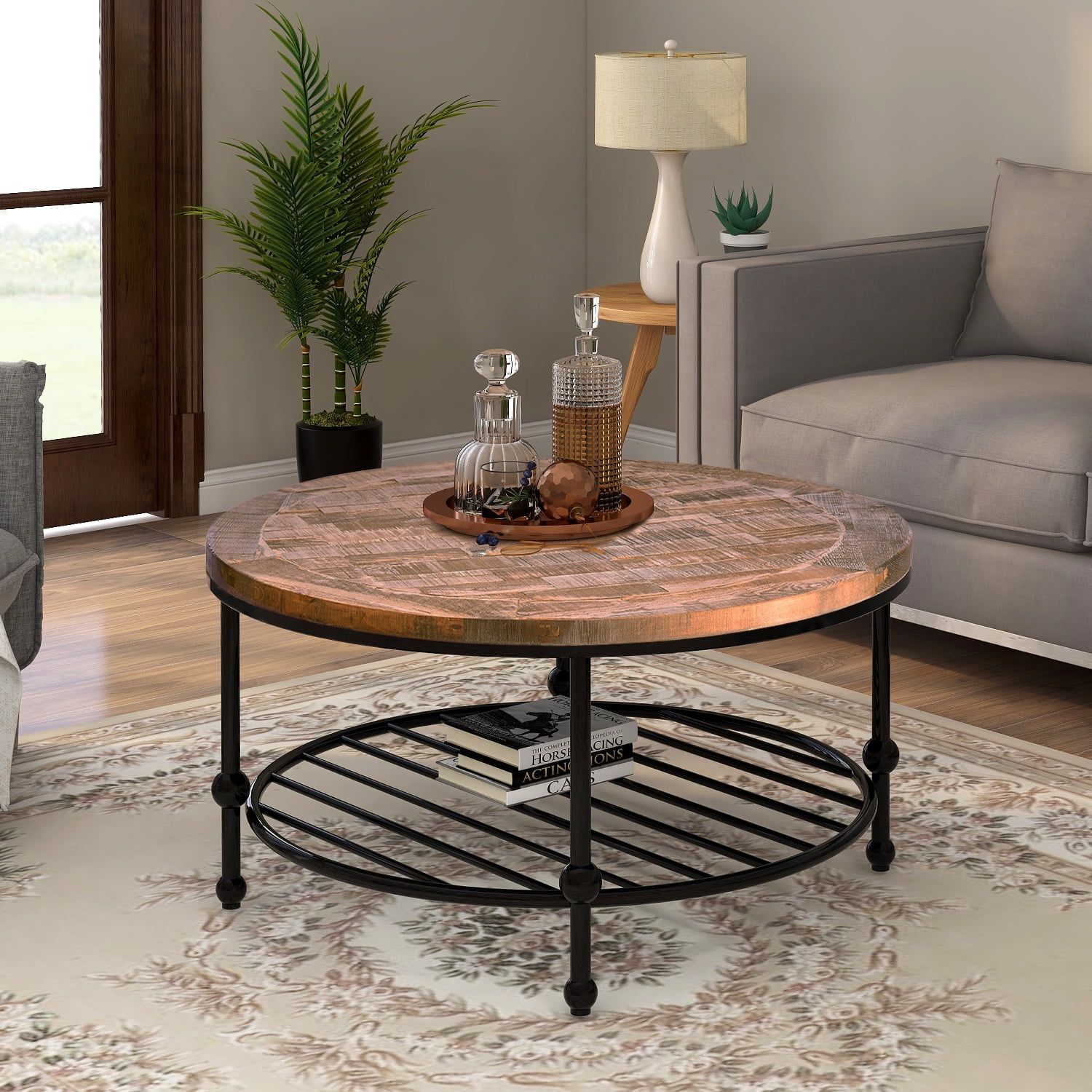 Rustic Natural Round Coffee Table With Storage Shelf For Living Room For Round Coffee Tables (Gallery 7 of 20)