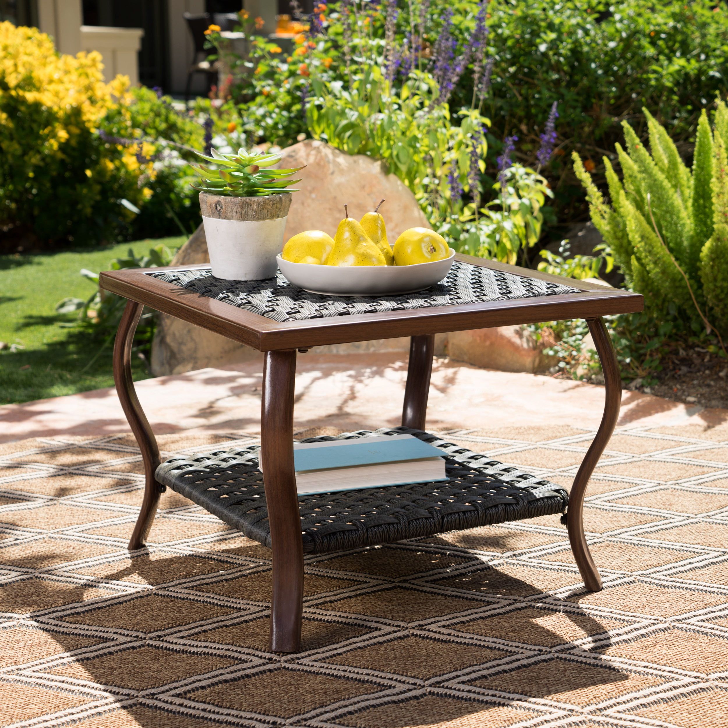 Santos Outdoor Wicker Coffee Table With Wood Finished Metal Legs, Grey In Outdoor Coffee Tables With Storage (Gallery 19 of 20)