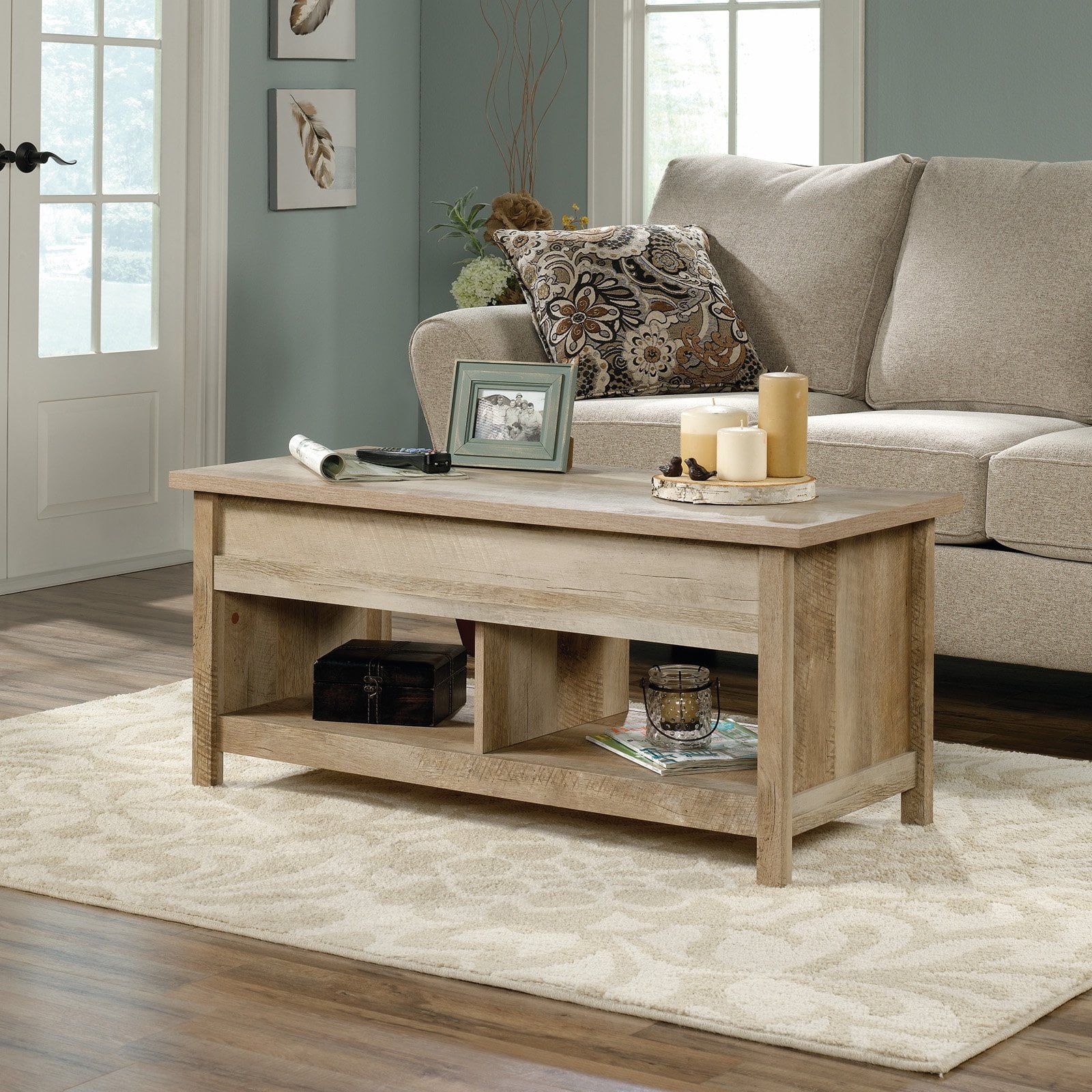 Sauder Modern Farmhouse Lift Top Storage Coffee Table Rustic Oak Finish With Regard To Farmhouse Lift Top Tables (View 14 of 20)